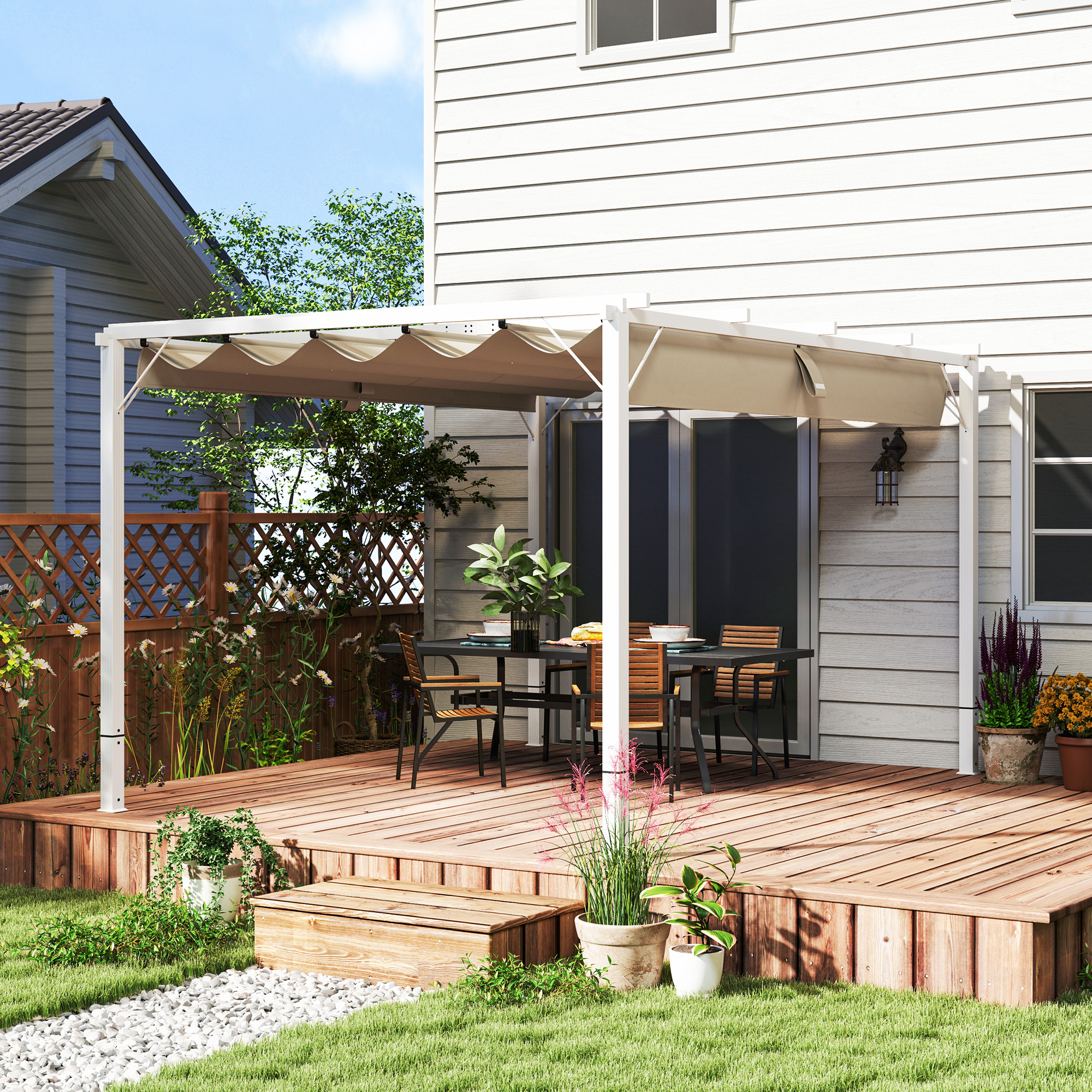 Outsunny Gartenpergola aus Aluminium 3 x 4 m mit ausziehbarem Dach, Sonnenschutz UPF30+, für Terrasse, Patio, Weiß