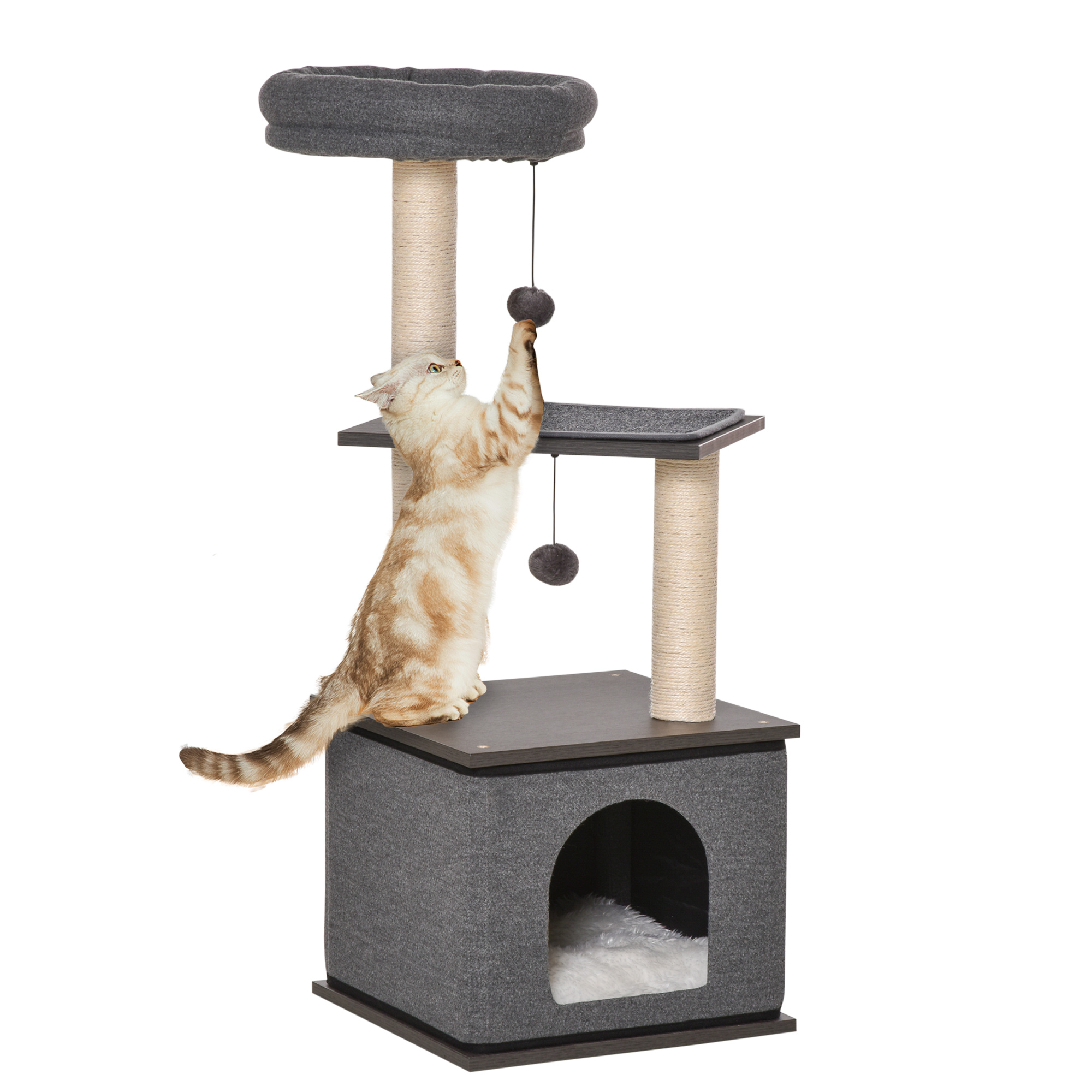 PawHut Katzenkratzbaum Katzenspielzeug Kletterbaum Spielmöglichkeiten Spielsisal Spielseil PB-Platte Sisal Dunkelgrau 40 x 40 x 104 cm