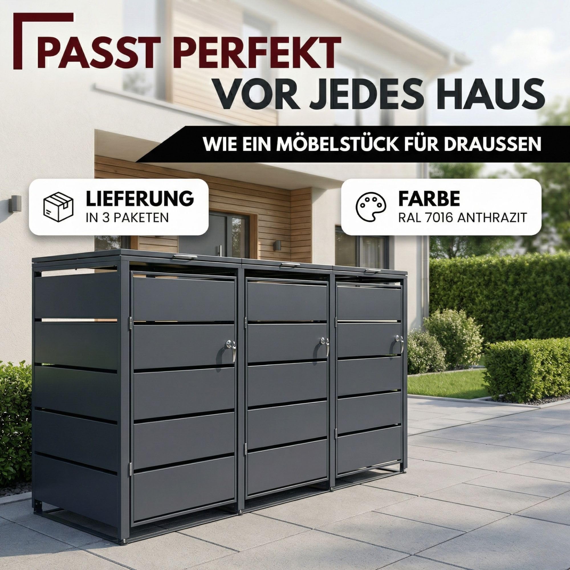 Mülltonnenbox 3er aus Metall für 120 bis 240 L Mülltonnen mit abschließbaren Türen 116 x 196 x 80 cm