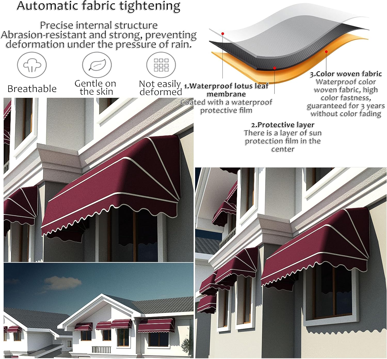Verstellbare, einziehbare, wasserdichte, UV-beständige Markise für Balkon und Terrasse, einfach ohne Bohren, Aluminium-Baldachin mit manueller Kurbel für mühelosen Schatten im Freien