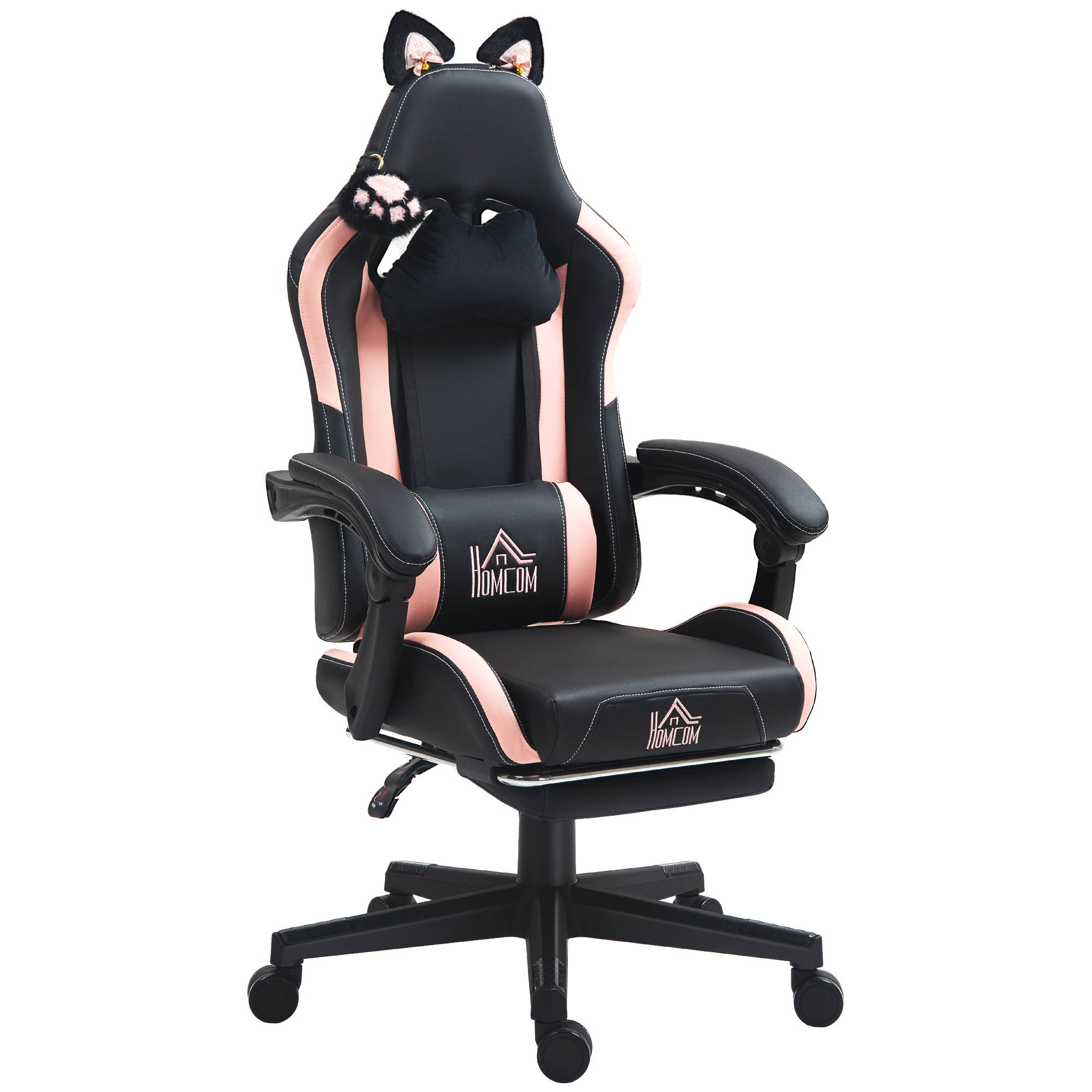 HOMCOM Reclinabile Gaming-Stuhl mit Poggiapiedi und Kissen, Kunstleder und Schwamm, 65x62x116-124 cm, Rosa und Schwarz