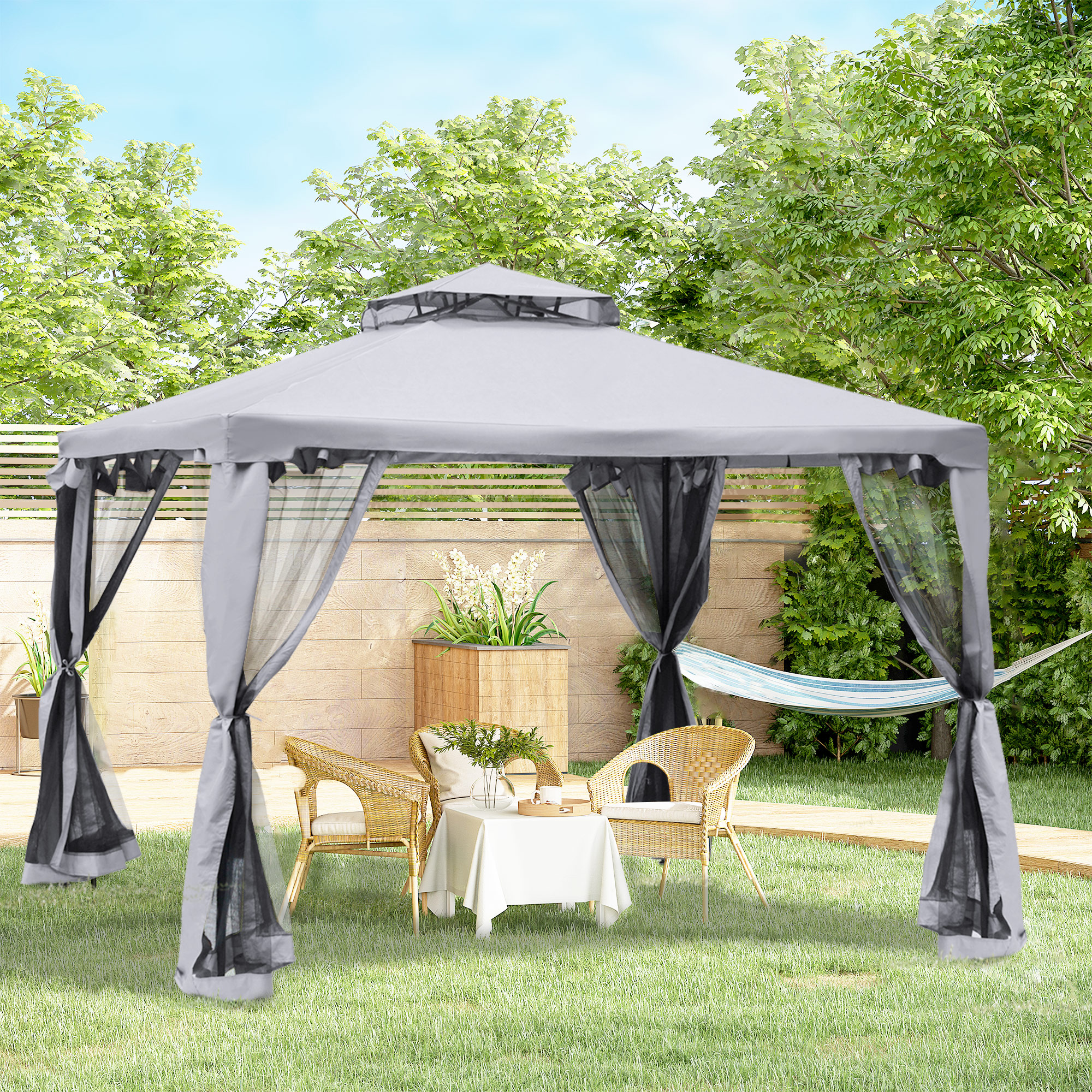 Outsunny Pavillon mit Doppeldach, 3x2 m Wasserdicht Stabil Winterfest Gartenpavillon mit Moskitonetz, Seitenteile, Garten-Pavillon aus Metall, für Garten, Terrasse, Hellgrau