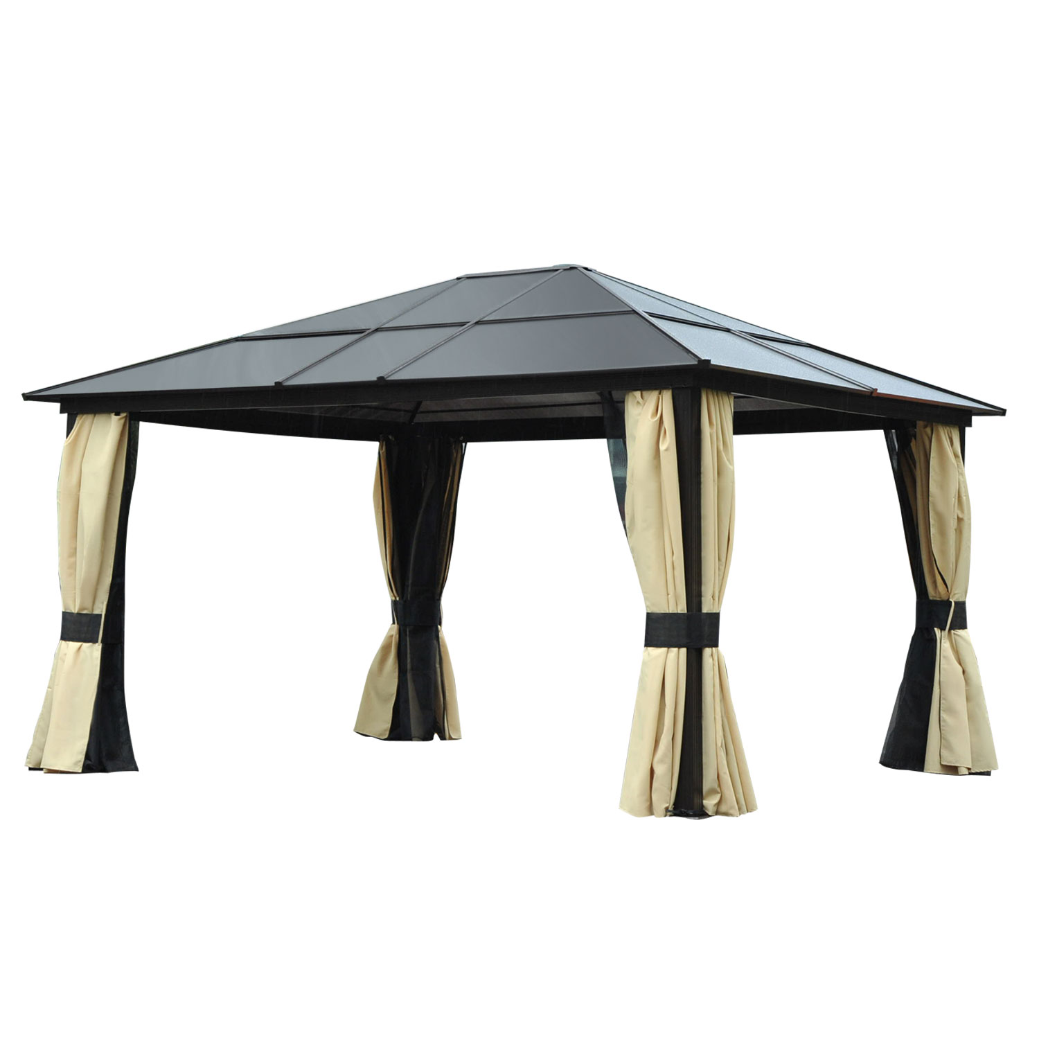 Outsunny Hardtop-Gartenpavillon 4,2 x 3,6 m, Vorhänge mit Fliegennetz, Alugestell, Braun+Creme