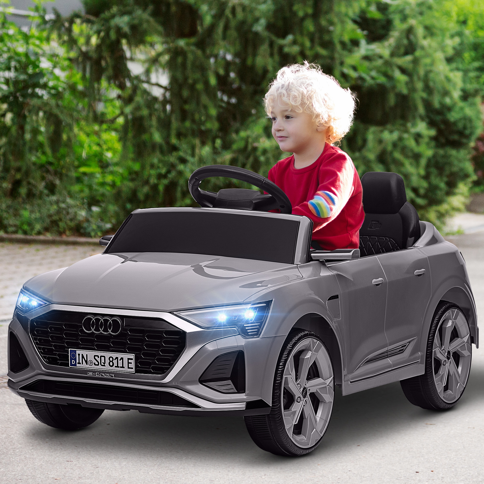 AIYAPLAY Elektrische Kinder Auto, 12V Audi Q8, 3-5 km/u, Afstandsbediening, Koplampen, Muziek, Grijs