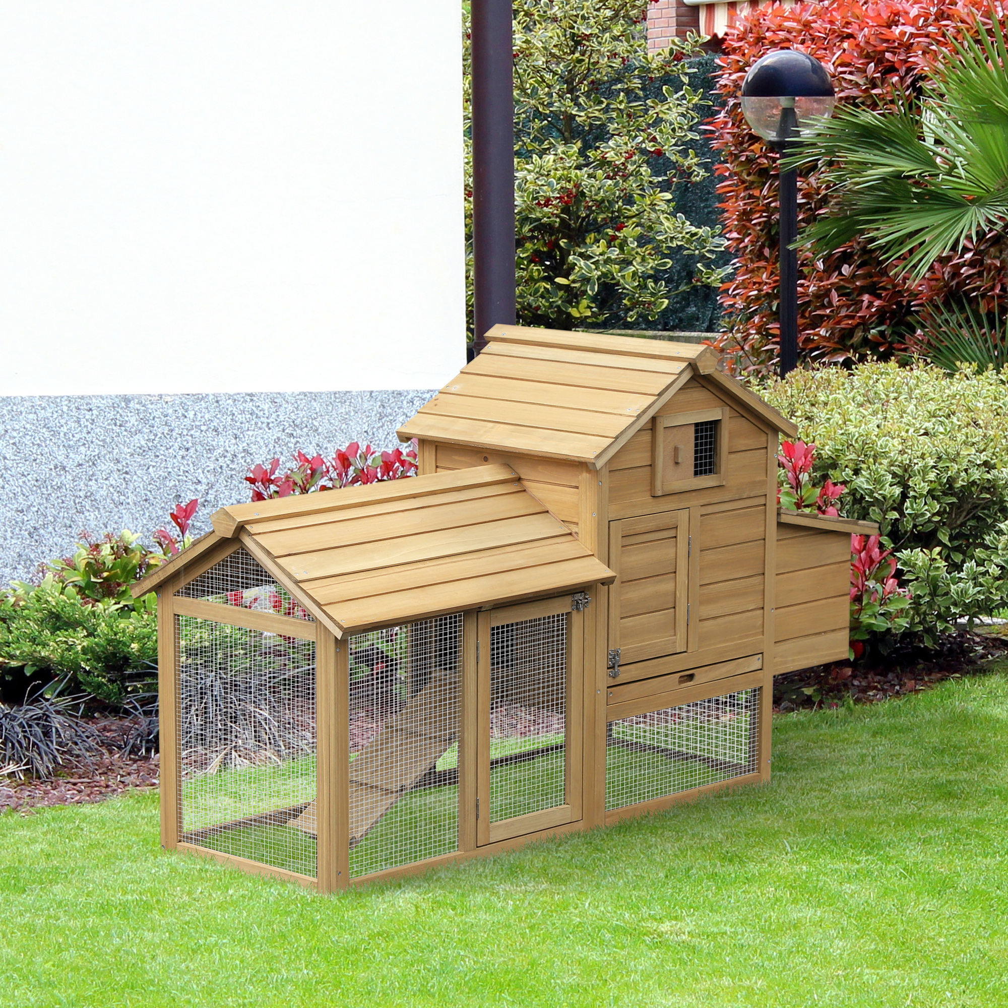 PawHut Zwerghühnerstall Zwerghühnerhaus mit Nistkasten Zwerghühnervoliere Auslauf Geflügelstall mit Rampe Tannenholz Natur 150,5 x 54 x 87 cm
