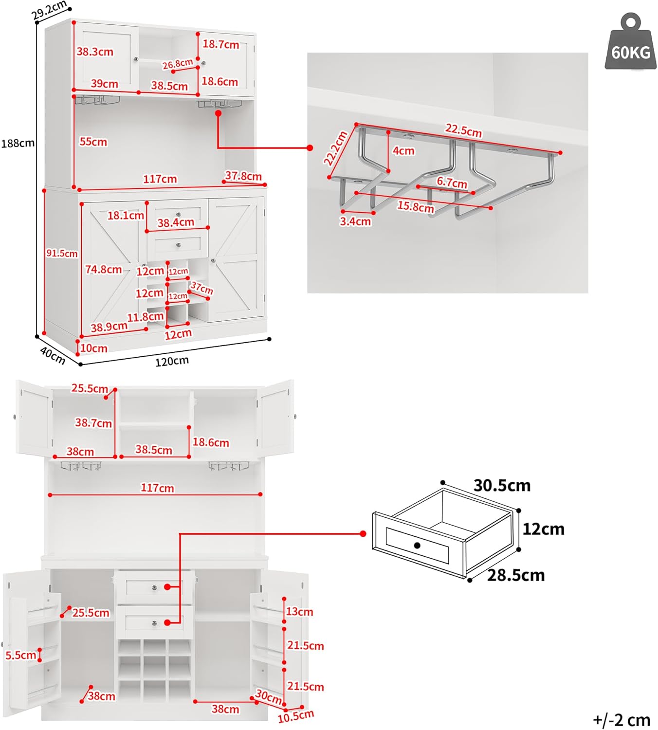 Armadietto da cucina a buffet con ripiani regolabili e scaffale per vino, armadietto alto da cucina a buffet con 4 ante e 2 cassetti, credenza, 120 x 40 x 188 cm, bianco
