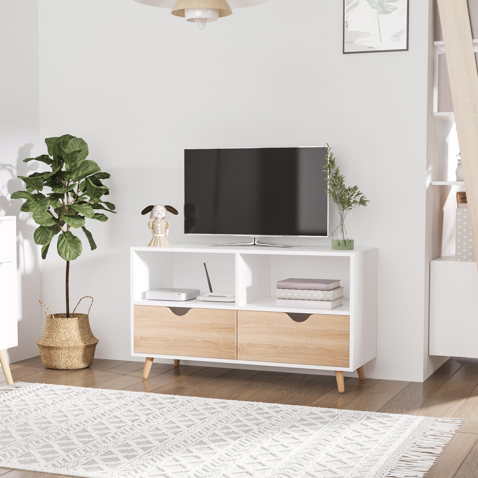 HOMCOM TV-Schrank, TV-Kommode mit Schubladen, Offene Regale, Holz, 99 x 39 x 58 cm, Weiß