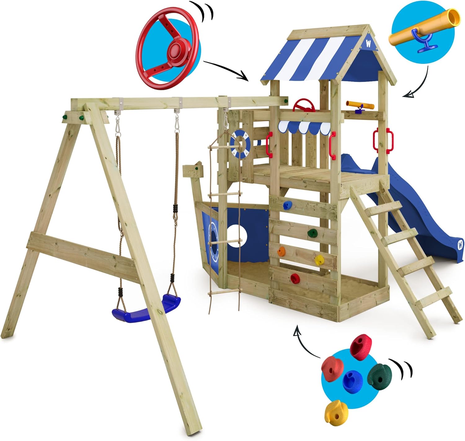 WICKEY Spielturm Klettergerüst SeaFlyer mit Schaukel & roter Rutsche, Outdoor Kinder Kletterturm mit Sandkasten, Leiter & Spiel-Zubehör für den Garten