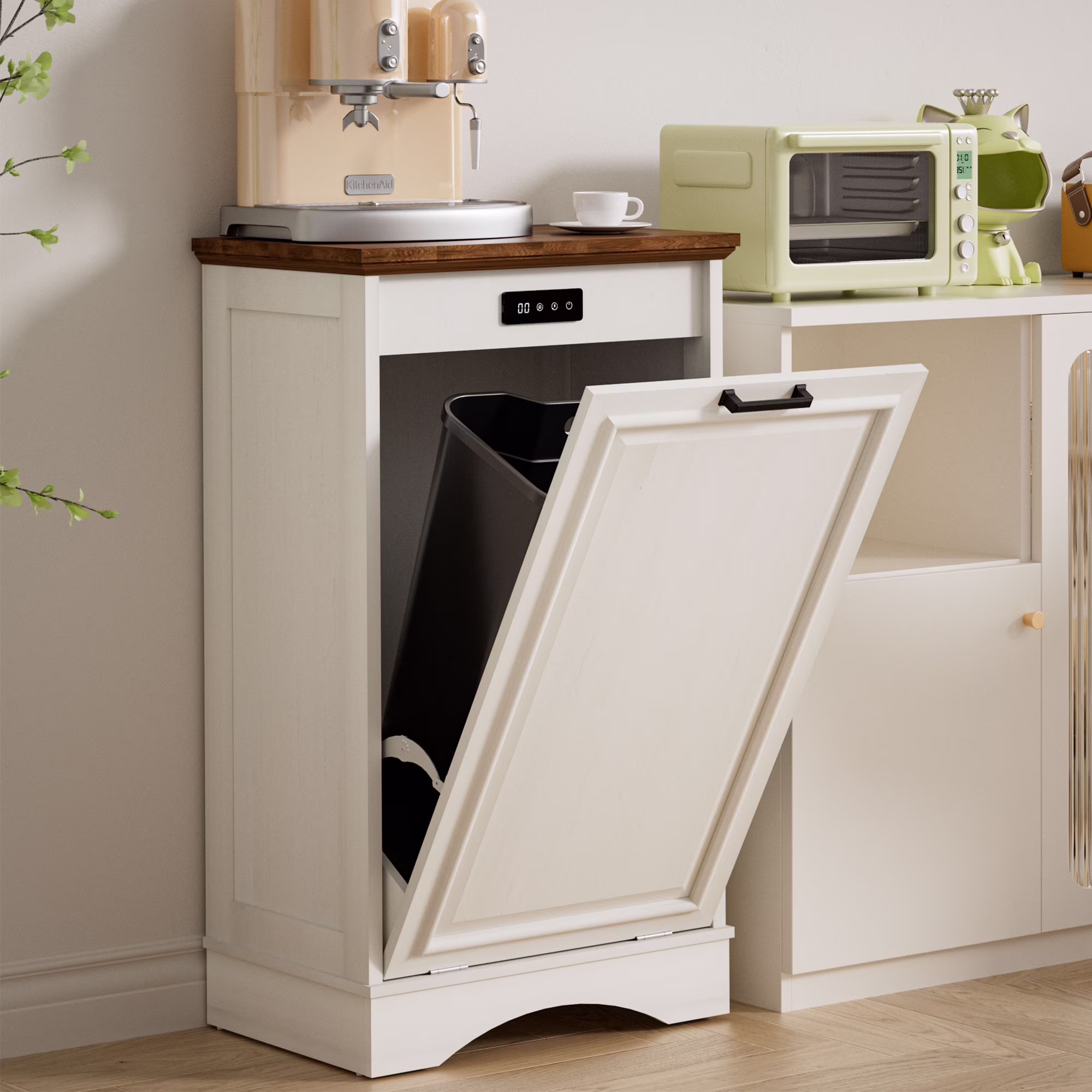 HARIPUL Single Tilt Out Trash Cabinet for 13 Gallon Waste Bin, Free Standing Kitchen Trash Can Cabinet with Drawers, White