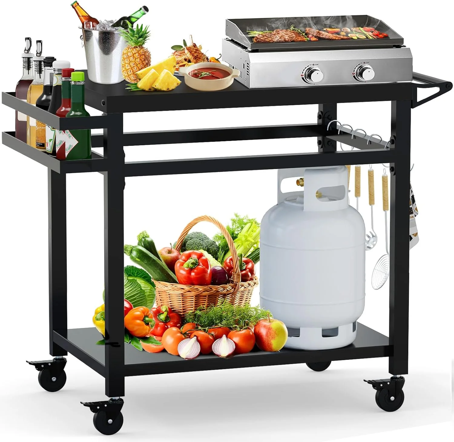 Outdoor Grill Table 32"x 20"   Movable Grill Cart with Utensil Hooks