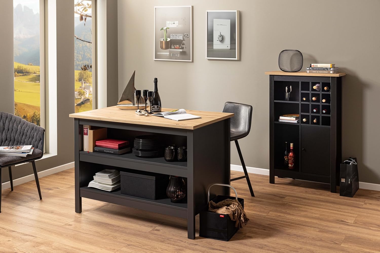 Inter Link - Isola per cucina - Isola centrale - Piano di lavoro - Mobile da cucina con ripiani - Melamina - Lunghezza 124 cm - Altezza 82 cm - Profondità 75 cm - Helina Black/ Artisan