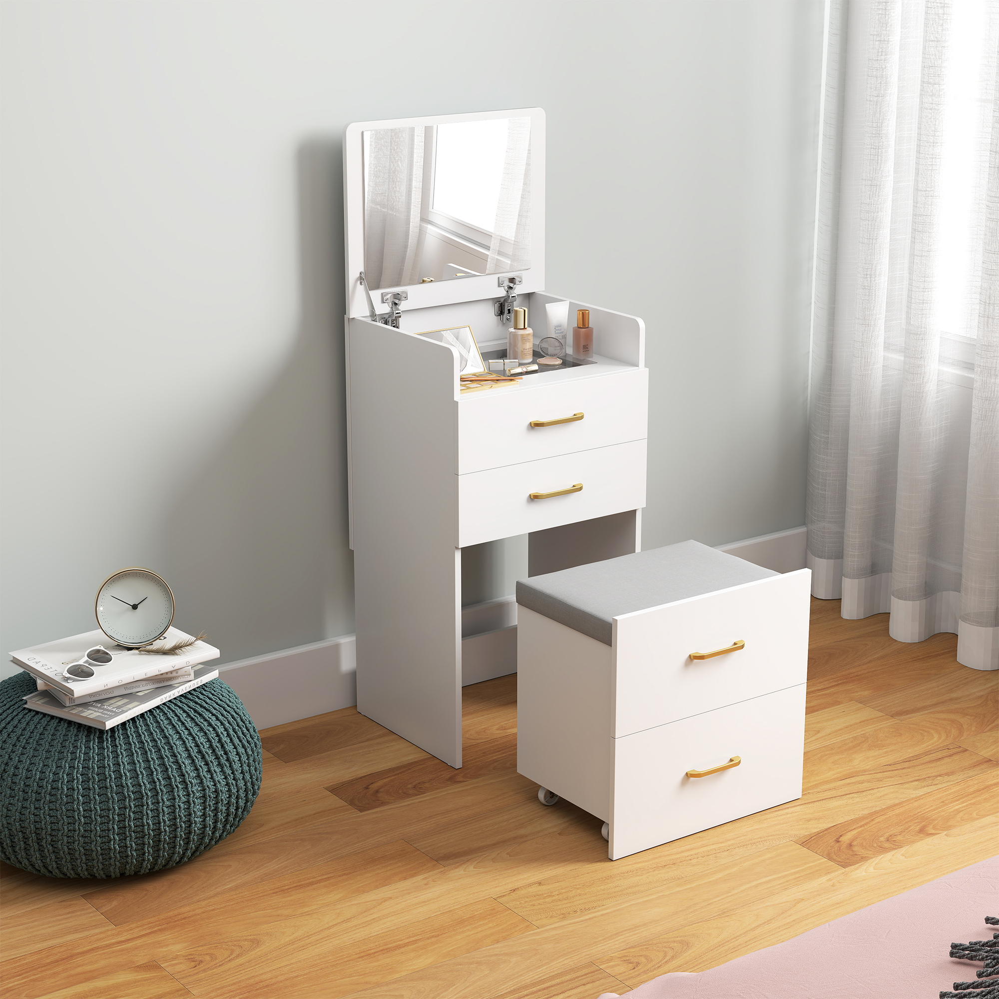 HOMCOM 3-in-1-Schminktisch mit Spiegel, Nachttisch, Rollhocker, Schubladen, Weiß