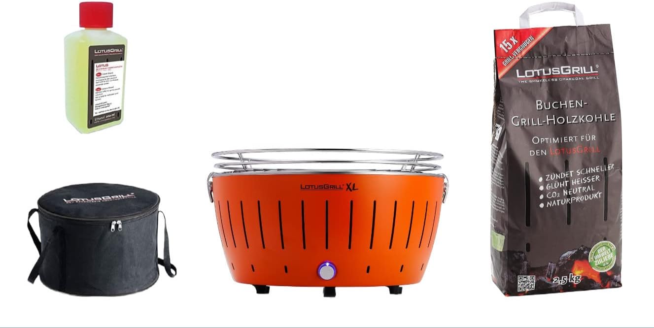 LotusGrill XL Starter-Set, 1 griglia, 1 carbone di faggio da 2,5 kg, 1 pasta combustibile da 200 ml, 1 borsa per il trasporto (Orange)
