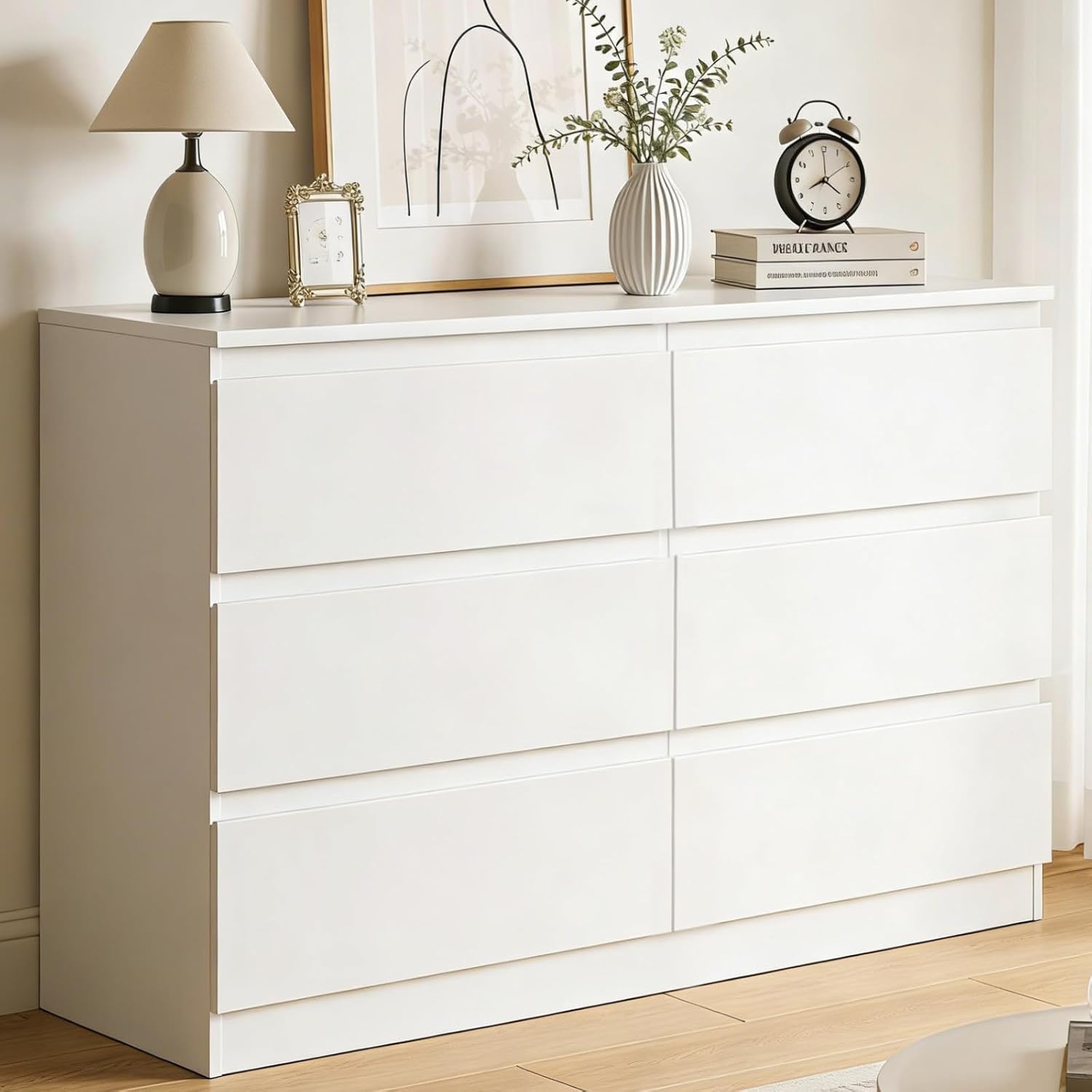 YOUDENOVA Comò con 6 cassetti, Bianco Legno Comò per Camera da letto Ingresso Soggiorno, Cassettiera Profondità 40 cm, Comò Larghezza 120 cm, Mobile Moderno, 120 x 40 x 75 cm