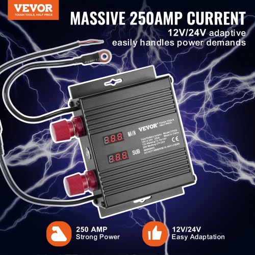 VEVOR 250 AMP Spannungsgesteuertes Trennrelais, 12 V/24 V, Universal VSR Spannungsempfindliches Relais Batterie Isolator, für Auto LKW ATV RV Batterie Starter Controller Netzschalter