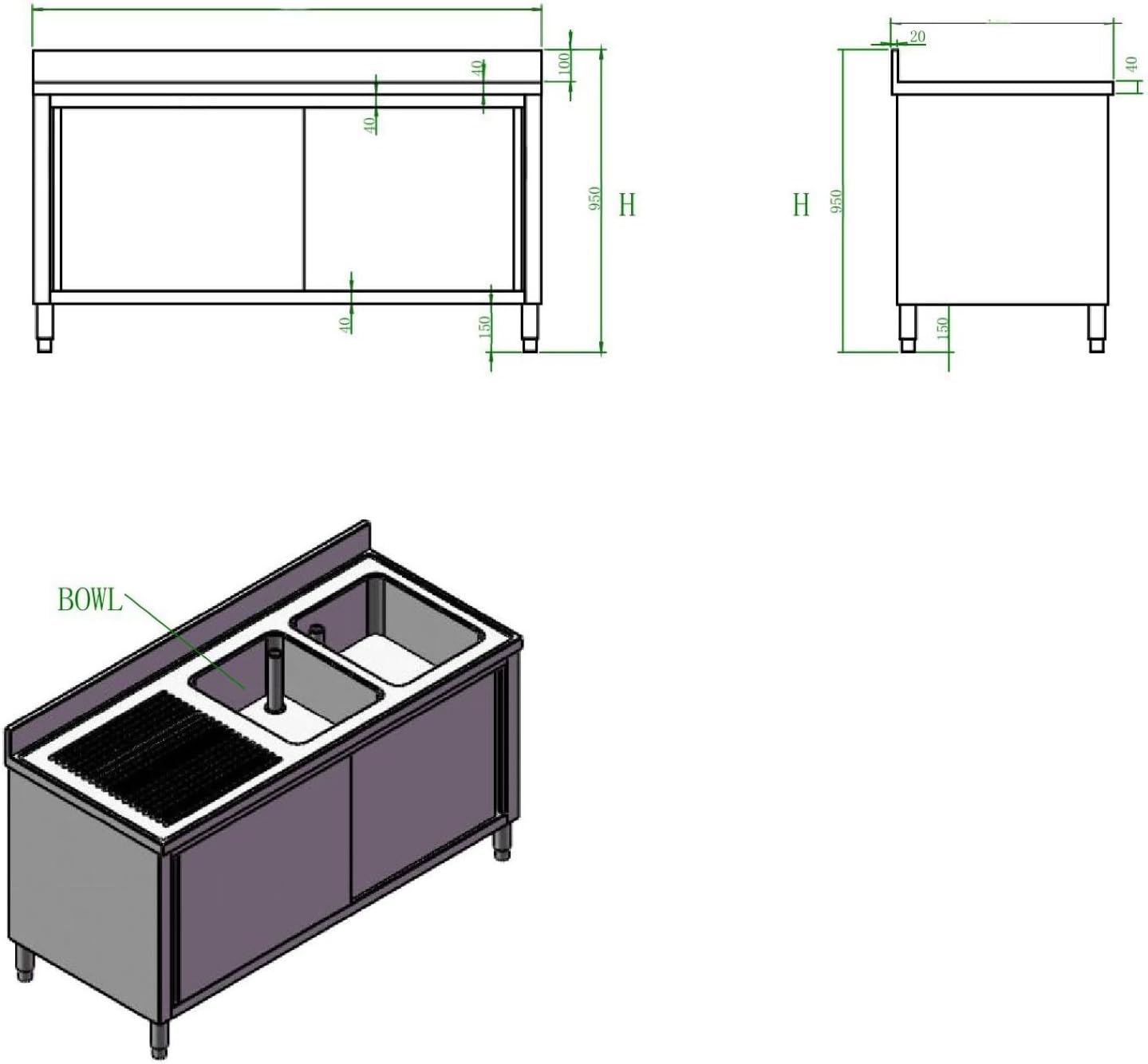 Ristoattrezzature - Lavello in acciaio inox armadiato 160x60x95h cm - 2 vasche con gocciolatoio sx - Per uso professionale