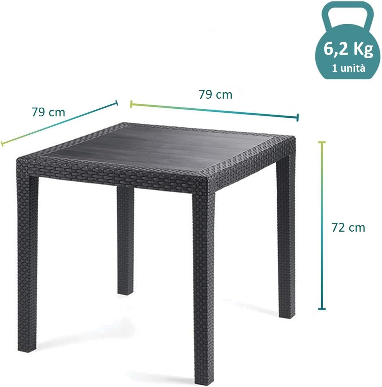 PALUPLUS KIN024F/MAD603F-23.5 Square Table Set with 4 Rattan Chairs, Plastic Anthracite Colour, Table Size 79 x 79 x 72 cm, Chair without Armrests, Outdoor Furniture, Terrace