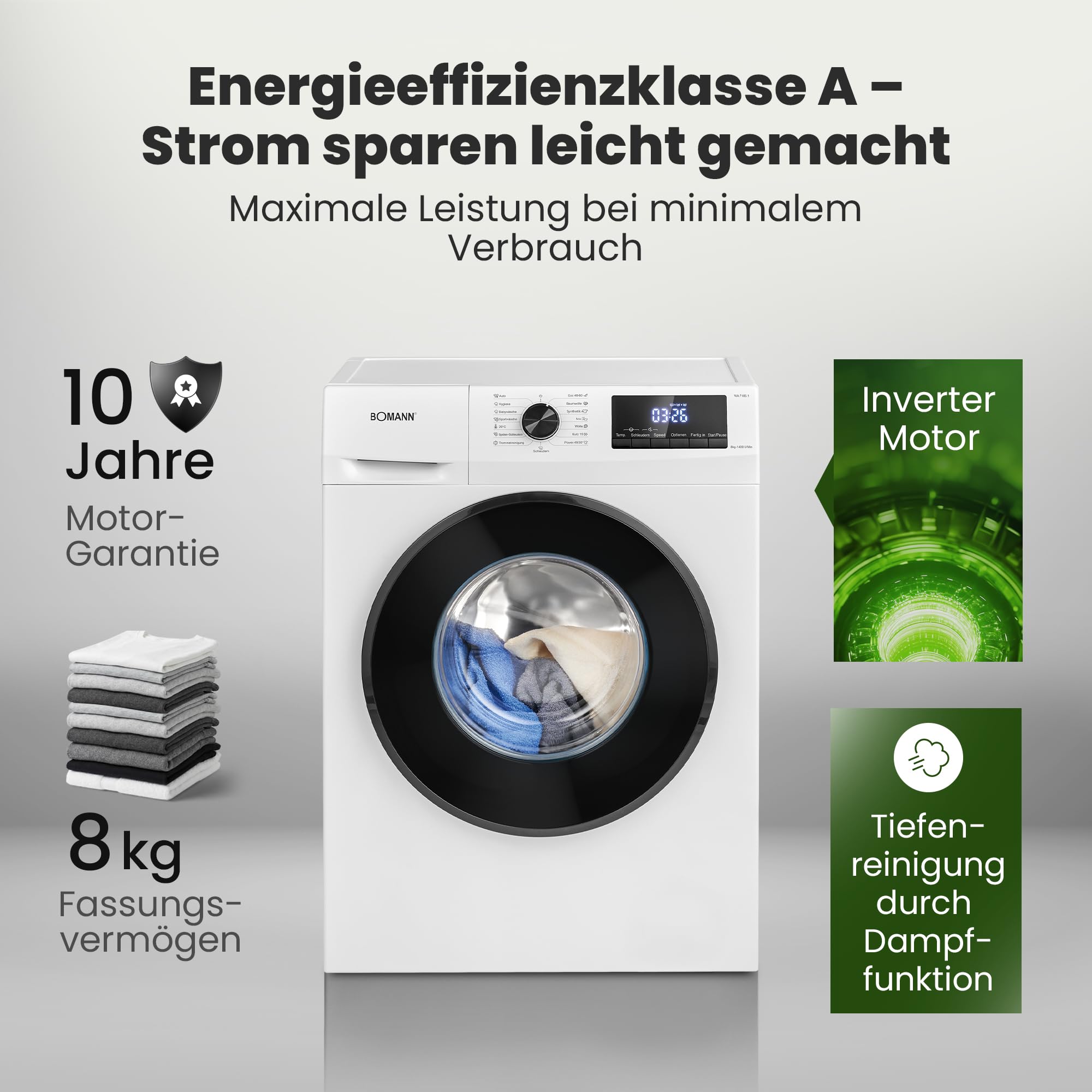 Waschmaschine 8 kg mit Dampffunktion und Invertermotor, 1400 U/min, 15 Waschprogramme, LED-Display, WA 7185.1