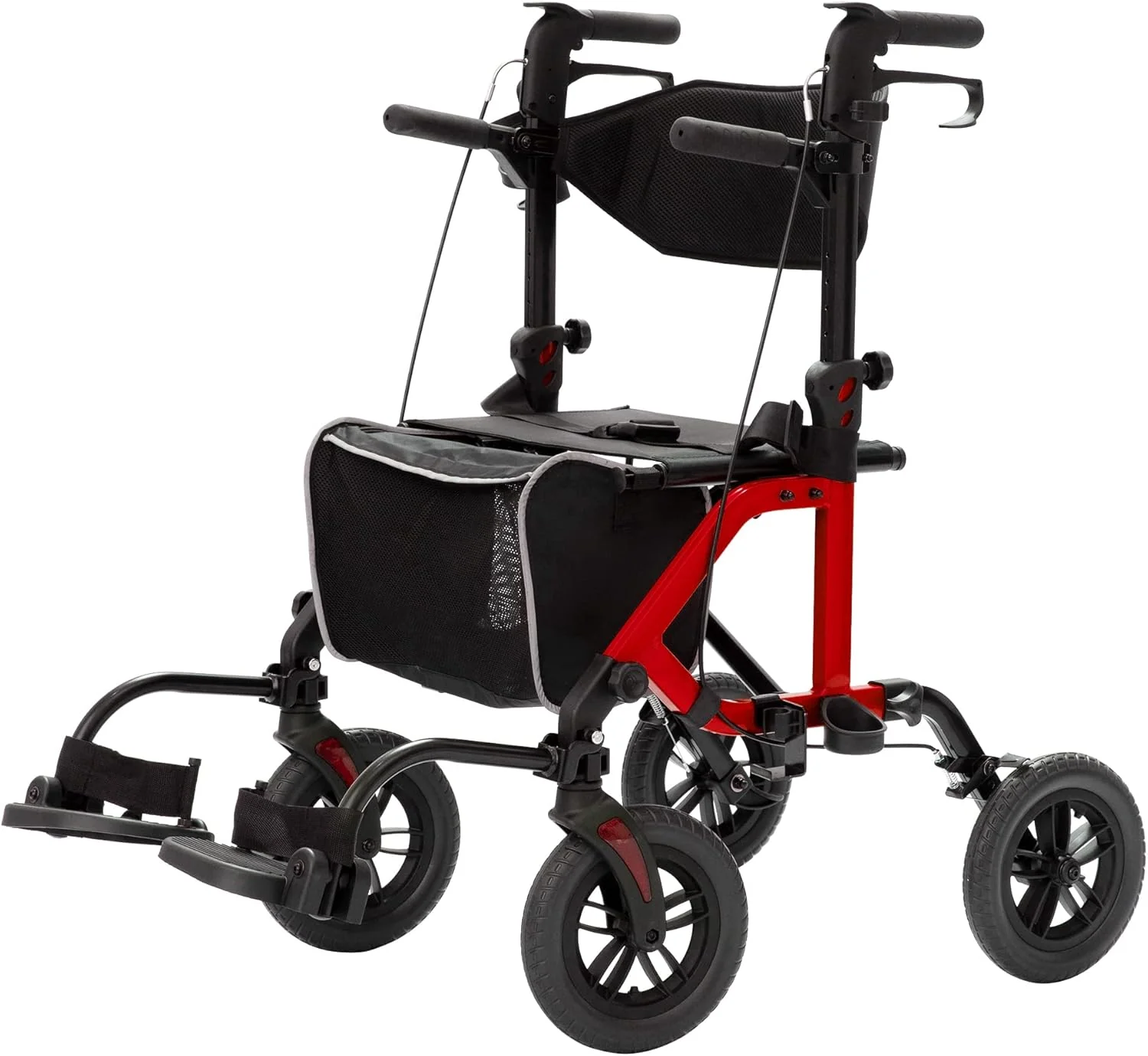 Gel?ndeg?ngiger 2-in-1-Rollator und Transportstuhl, zusammenklappbarer Rollstuhl mit luftlosen 10-Zoll-R?dern f��r Senioren, umkehrbare R��ckenlehne und abnehmbare Fu?st��tzen, blau