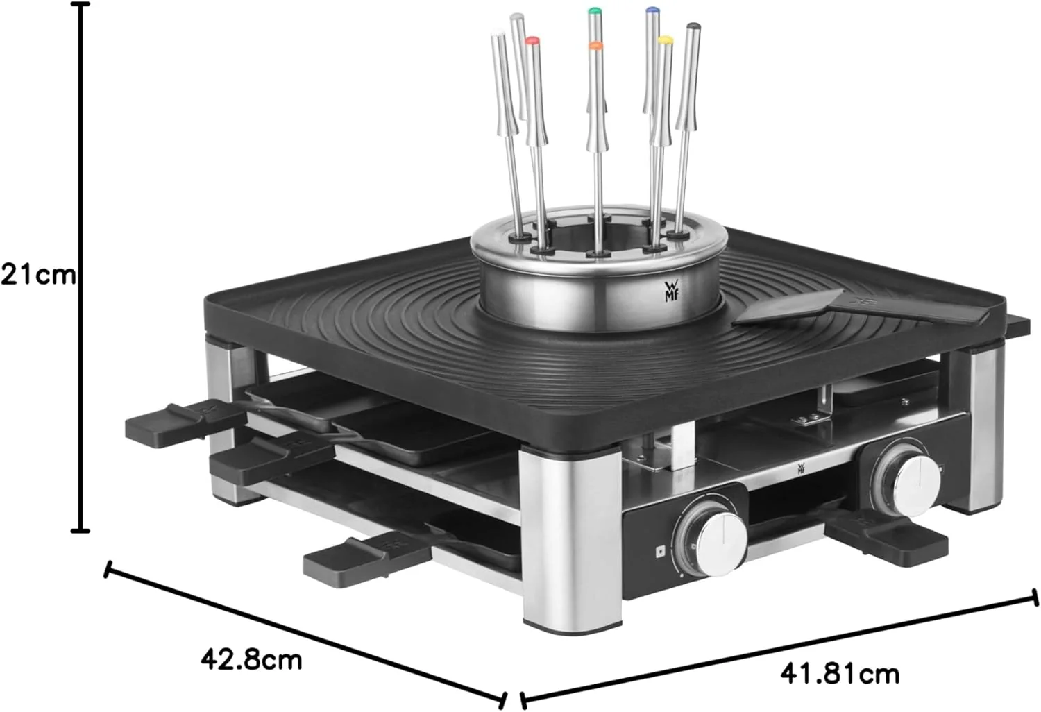 WMF Lumero 3in1 Gourmet Station f��r 8 Personen, Raclette Fondue Kombi, elektrisch, Temperaturregulierung, Beleuchtung, 1800 Watt, platzsparend, edelstahl matt