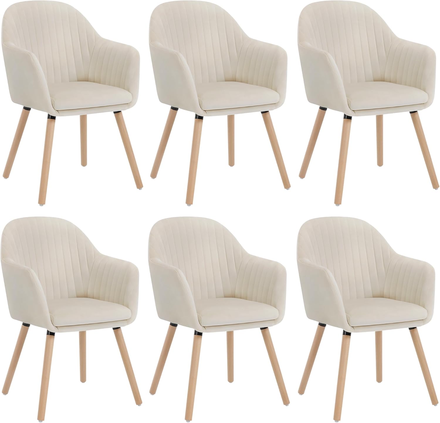 WOLTU Set di 6 Sedie per Sala da Pranzo con Schienale Braccioli Poltrona Imbottita Gambe in Legno Seduta in Tessuto Velluto Crema BH95cm-6