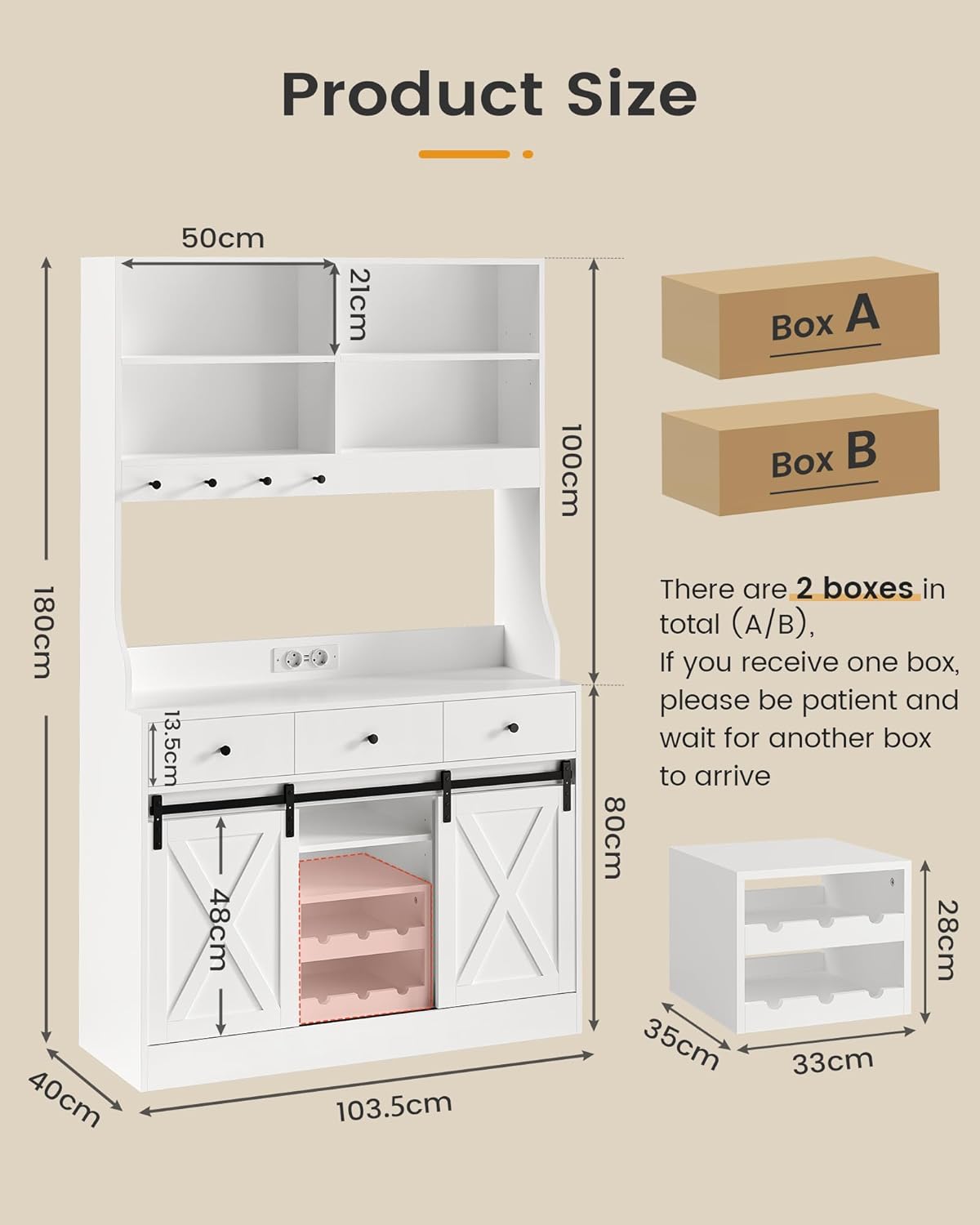 Credenza, Credenza Cucina con Illuminazione a LED, Presa Elettrica, Mobile Buffet, Scaffale Rimovibile, 3 Cassetti, Ripiani Regolabili, Grande Spazio, Cucina, Sala da Pranzo, 103.5*40*180 cm, Bianca