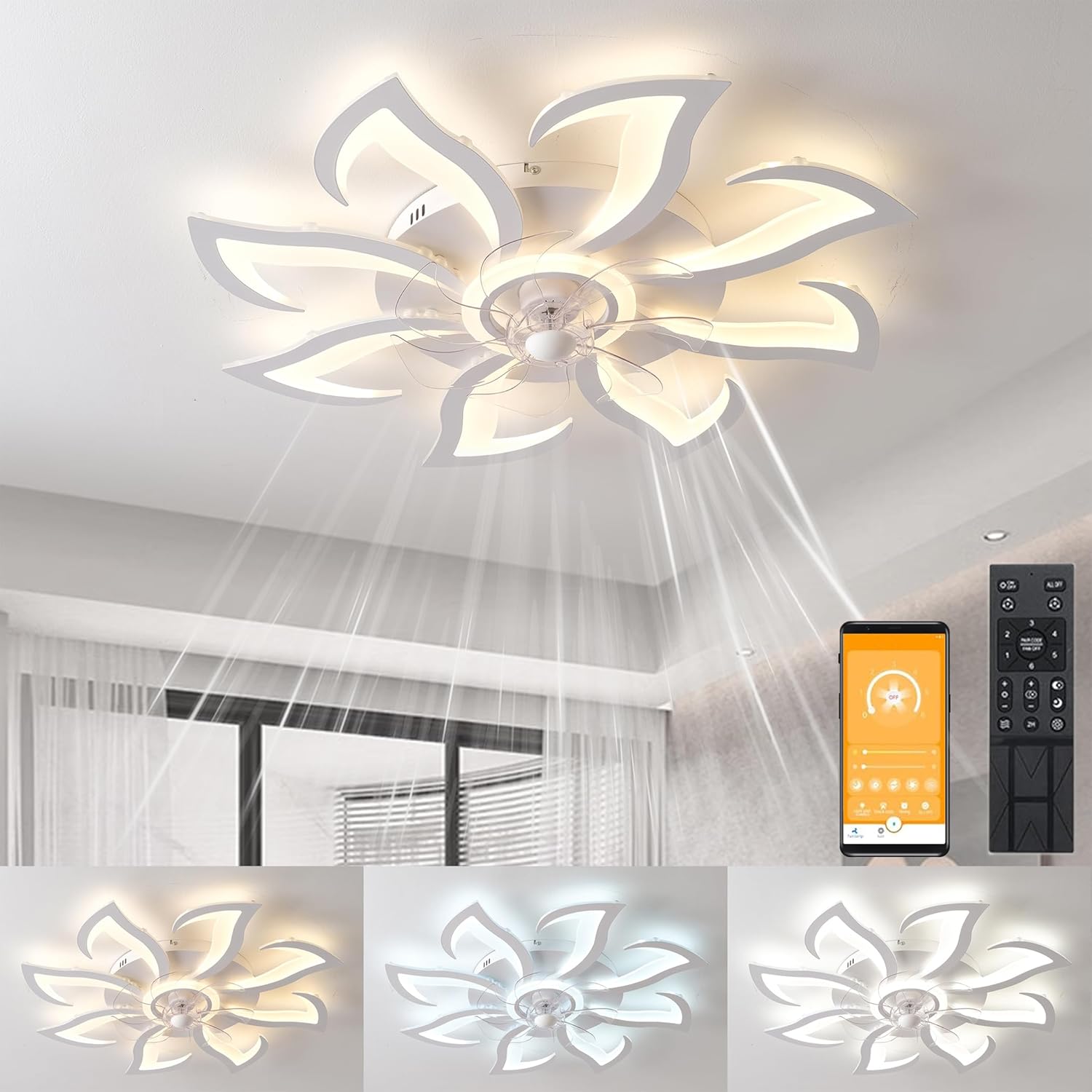 Ventilatore da Soffitto con Luce e telecomando, Dimmerabile LED Plafoniere, Lampada da soffitto con Ventilatore Regolabile 6 Velocità/Reversibili, Memoria, Tempistica (80cm/9 Luce)