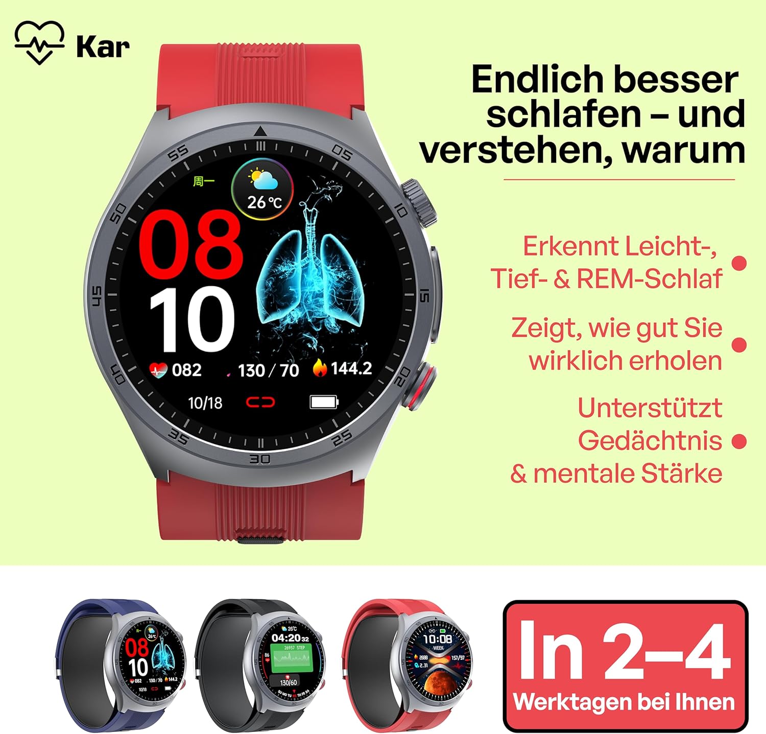 Kardena® Care Air 3 Gesundheitsuhr mit Mikroairbag-Blutdruckmessung, Deutscher Sensorik, AMOLED-Display & SOS – Herzfrequenz, SPO₂, Temperatur & REM-Schlafanalyse für Damen & Herren