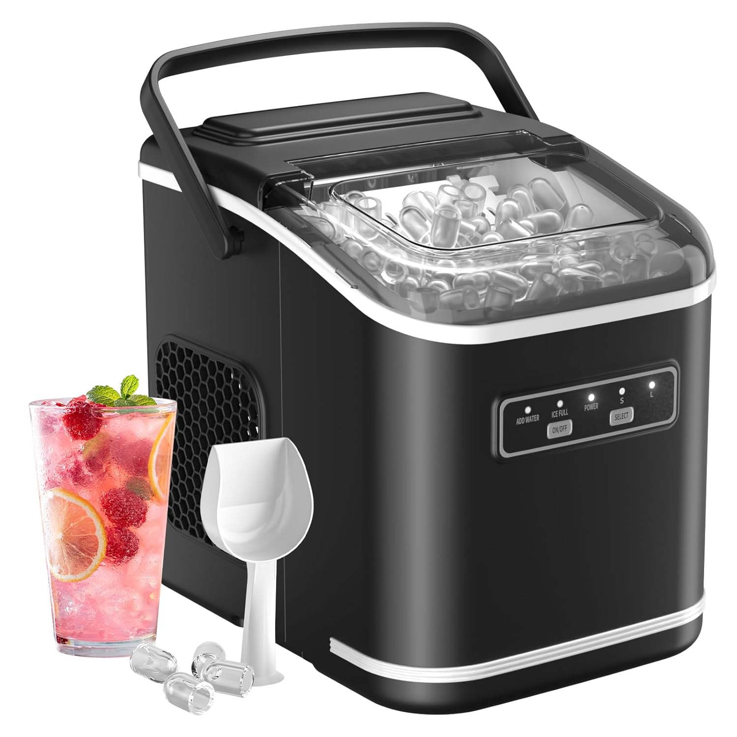Macchina Ghiaccio 12kg/24h, Autopulente Macchina del Ghiaccio Casa 1,5L, Silenzioso Macchina per il Ghiaccio 9 Cubetti in 6 Minuti, Ice Maker con Maniglia/Paletta/Cestello, Nero
