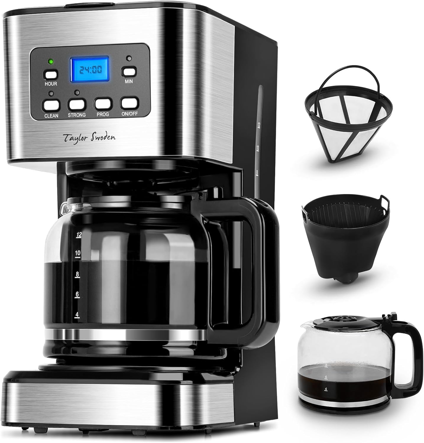 Taylor Swoden Darcy 950W 12 Cup 1.5L Capacity Coffee Maker with Reusable Filter and Hot Keeping Base, Drip System, Timer and BPA FREE