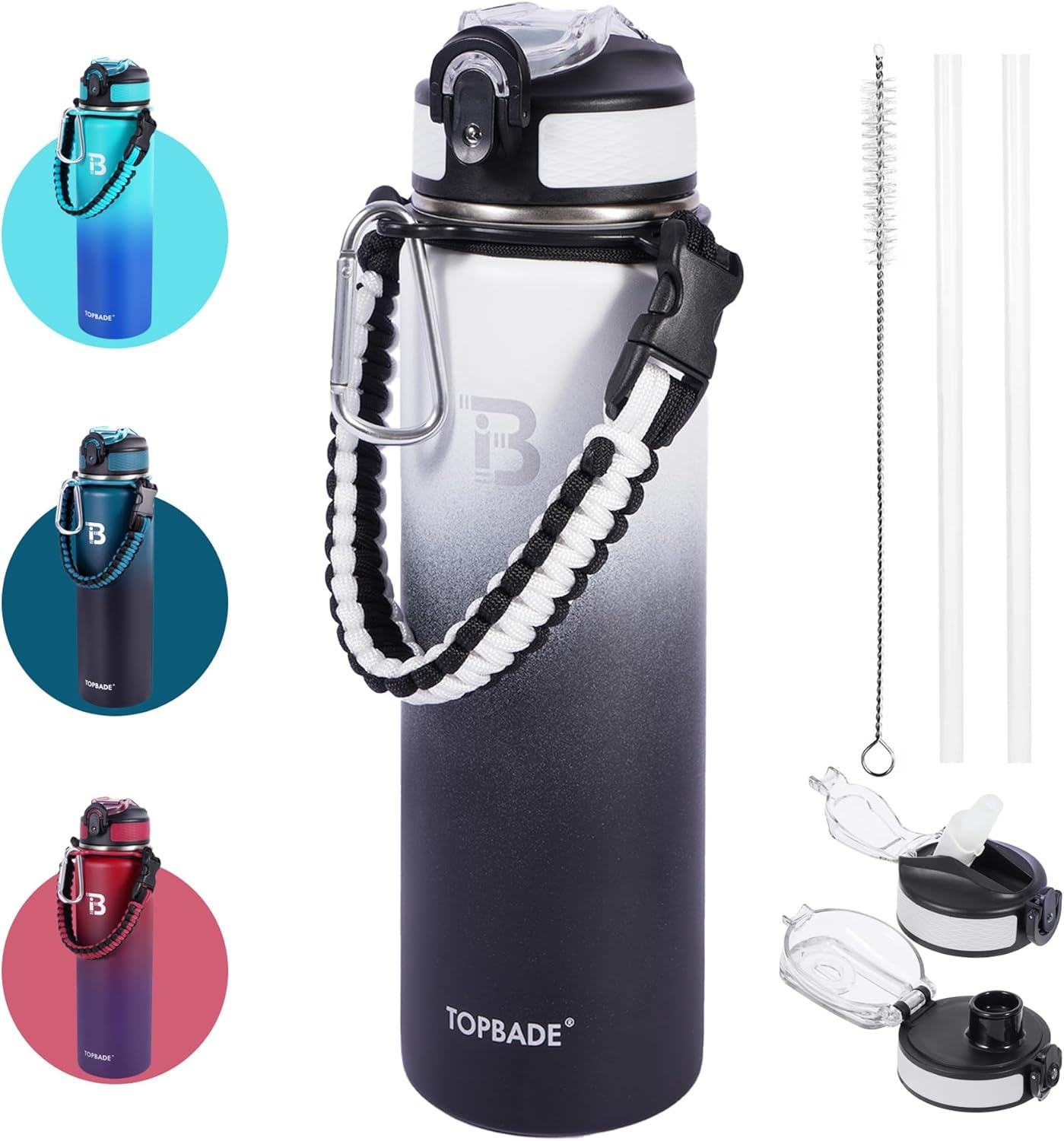 TOPBADE - Borraccia in acciaio inox, 1,9 l, isolata con 2 coperchi (con e senza cannuccia), senza BPA, in metallo, per palestra, bodybuilding, attività all'aperto