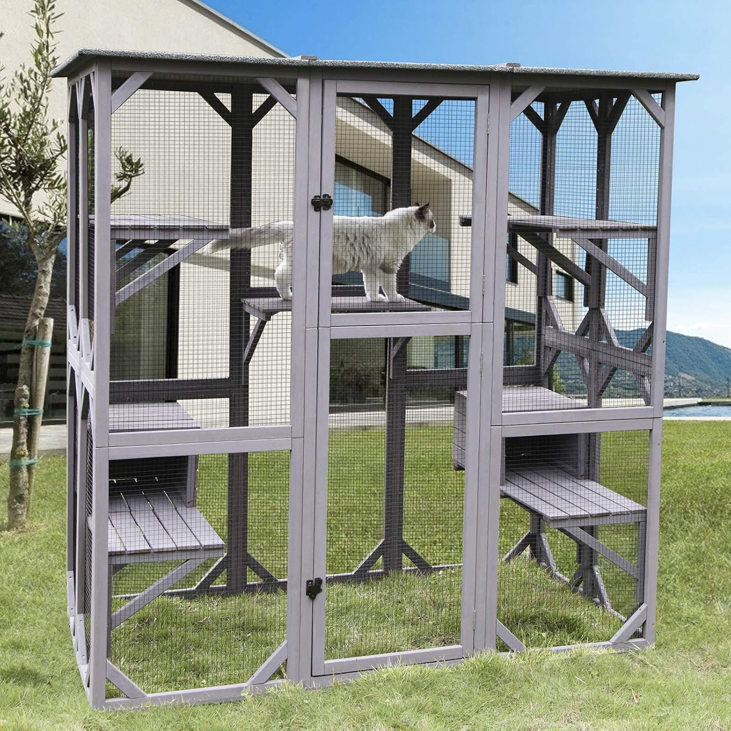 Kattenhuis Outdoor Catio Kitty Omheining met Super Grote Toegangsdeur, Houten Kattenkooi Condo Indoor Box met Platforms en Klein Huis