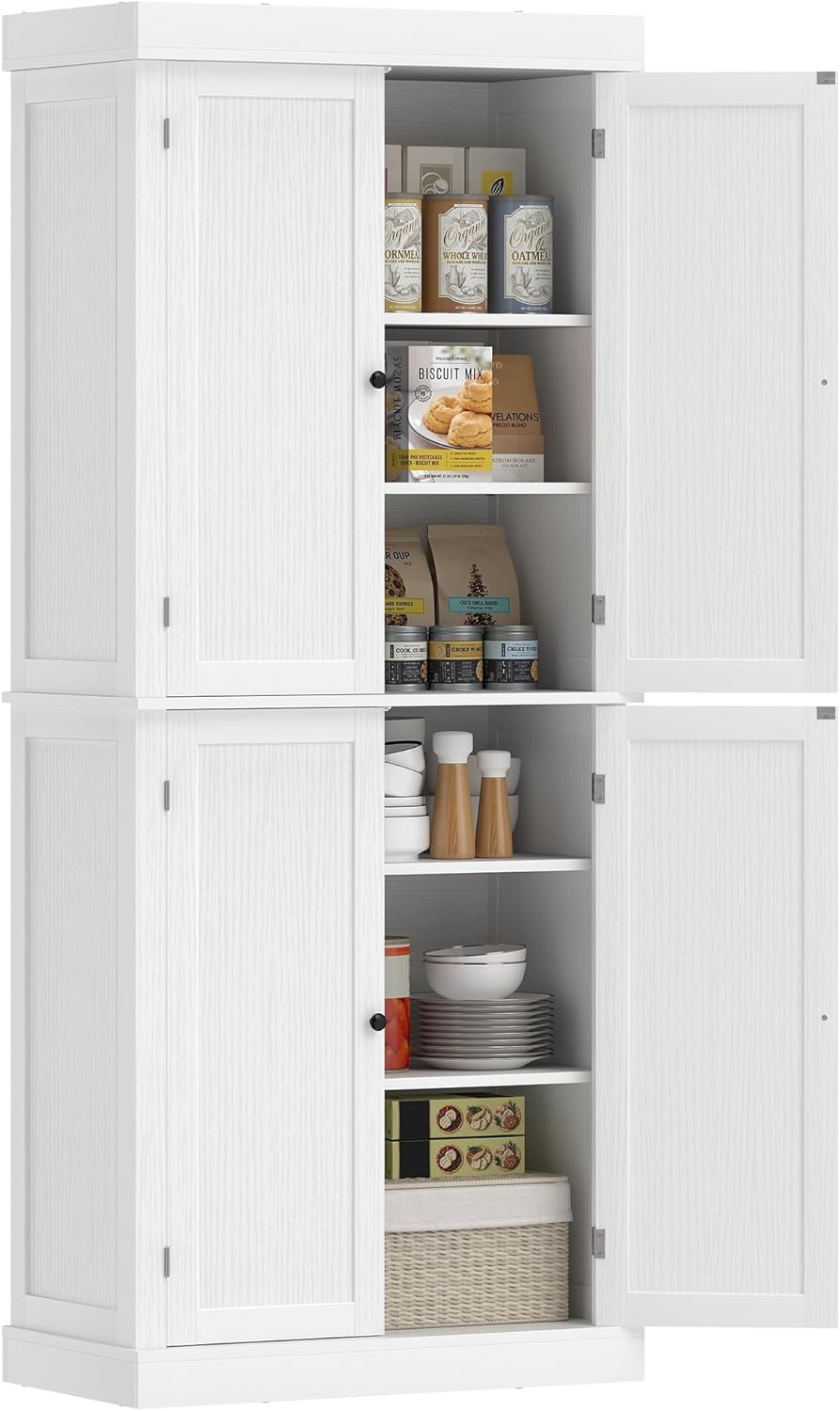 HOMCOM Mobile Cucina Alto con 6 Ripiani e 2 Ante, Armadio Dispensa con Ripiani Regolabili in Legno, 76x40.5x184 cm, Bianco