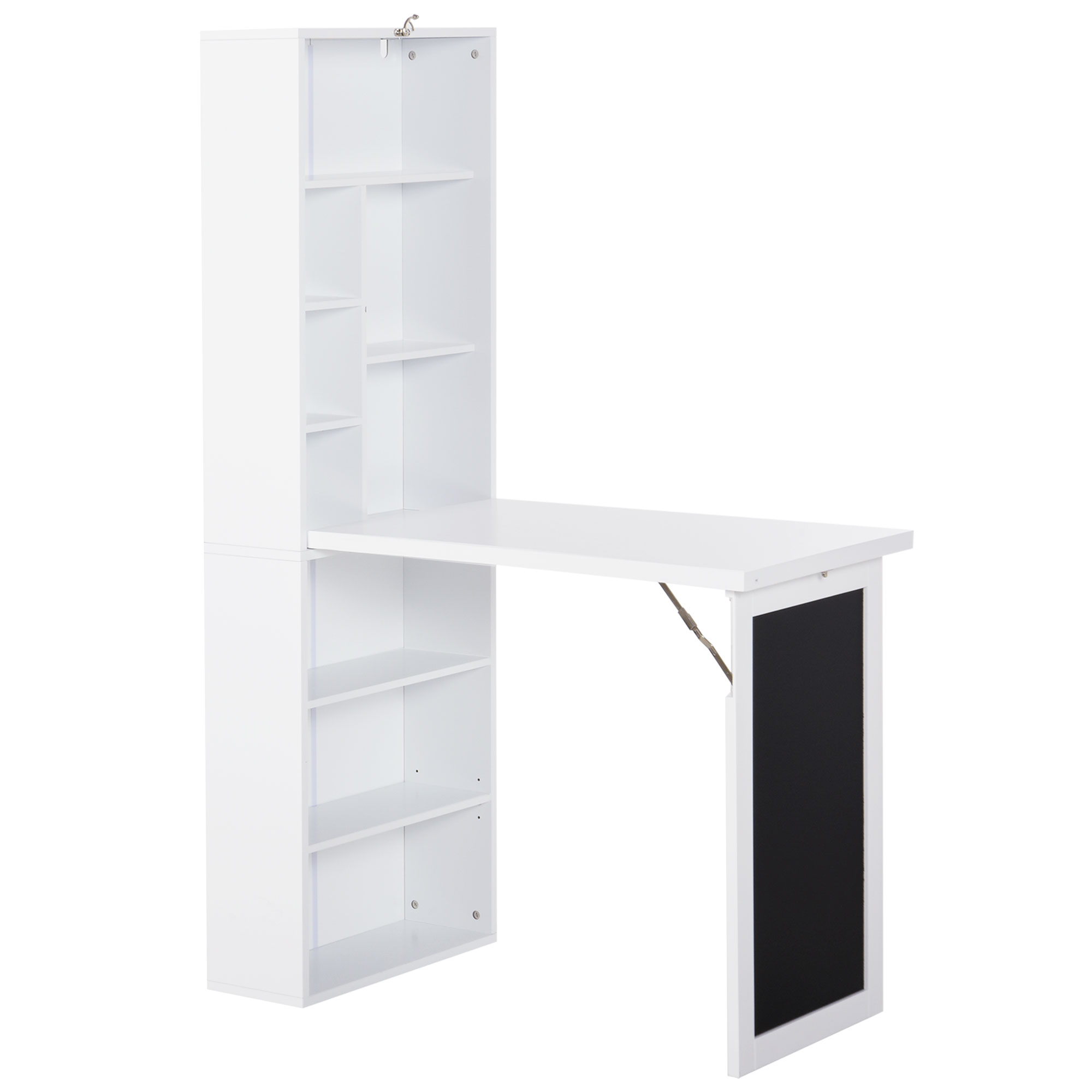 HOMCOM Schreibtisch Esstisch klappbar mit 6 Fächer Bücherregal mit 3 Regale Computertisch Bürotisch E1 Spanplatte Metallrahmen Weiß 98 x 51 x 153 cm