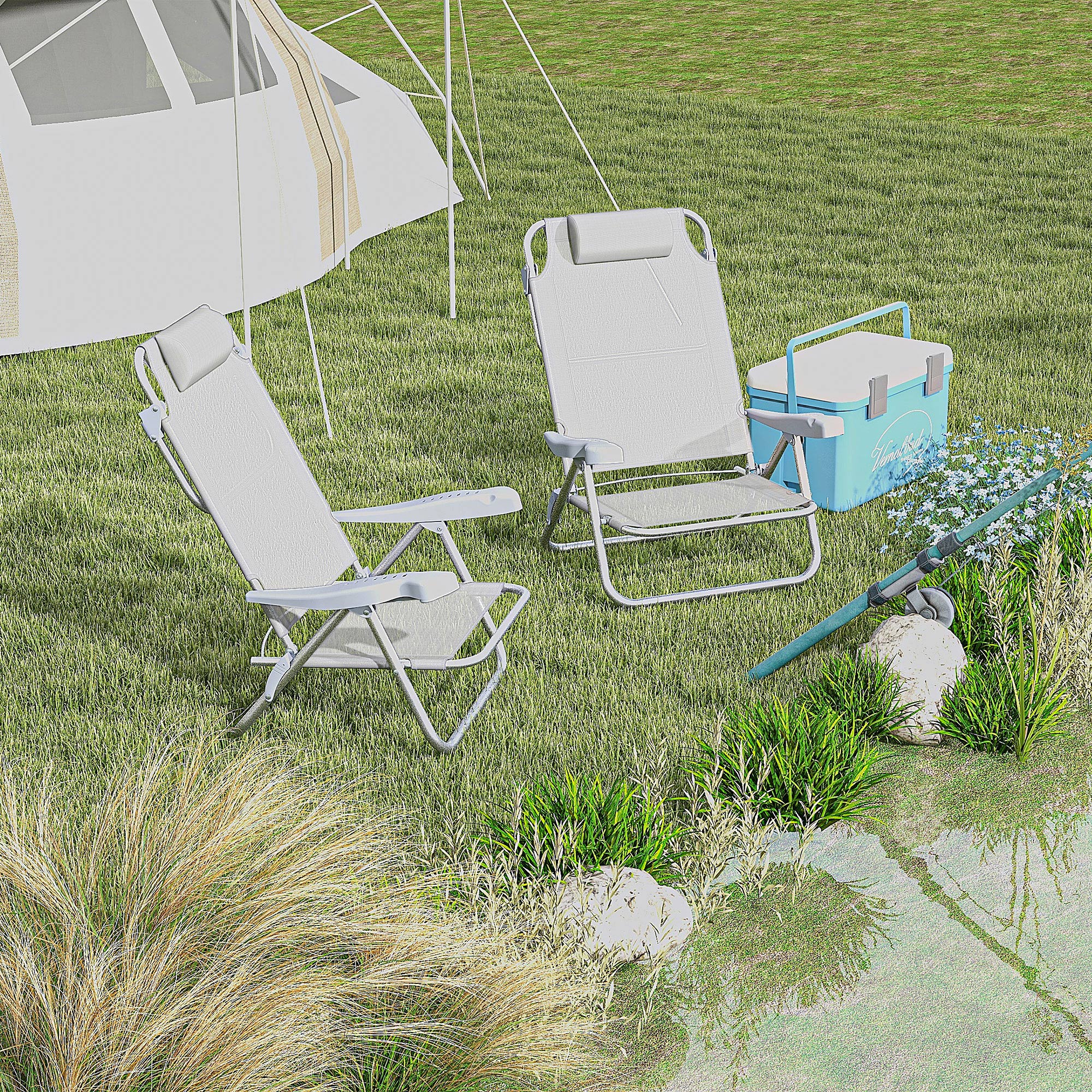 Outsunny Set aus 2 faltbaren Gartenstühlen tragbarer Angelstuhl Campingstuhl mit Kopfstütze 6-stufig verstellbare Rückenlehne