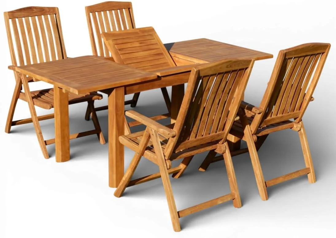 Gartenmöbel-Set ALEOS., 180 x 80 cm, Braun, Teak Gartenmöbel Set - Ausziehbarer Bigfuss Gartentisch, verstellbare Rückenlehnen