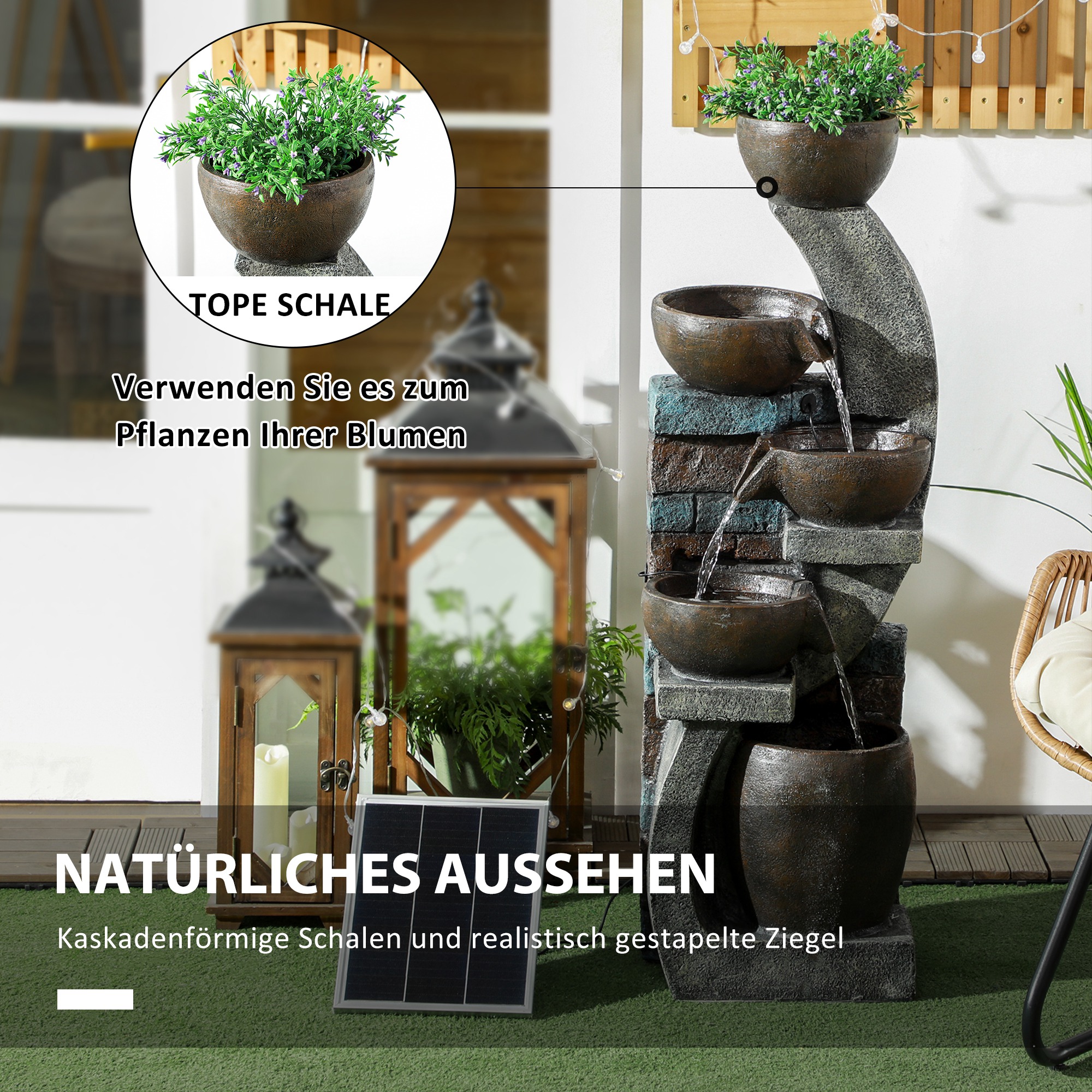 Outsunny Tuinfontein, Baksteenoptiek, 5-traps, Zonne-energie, LED's, 107cm, Kunstharz, Grijs/Bruin