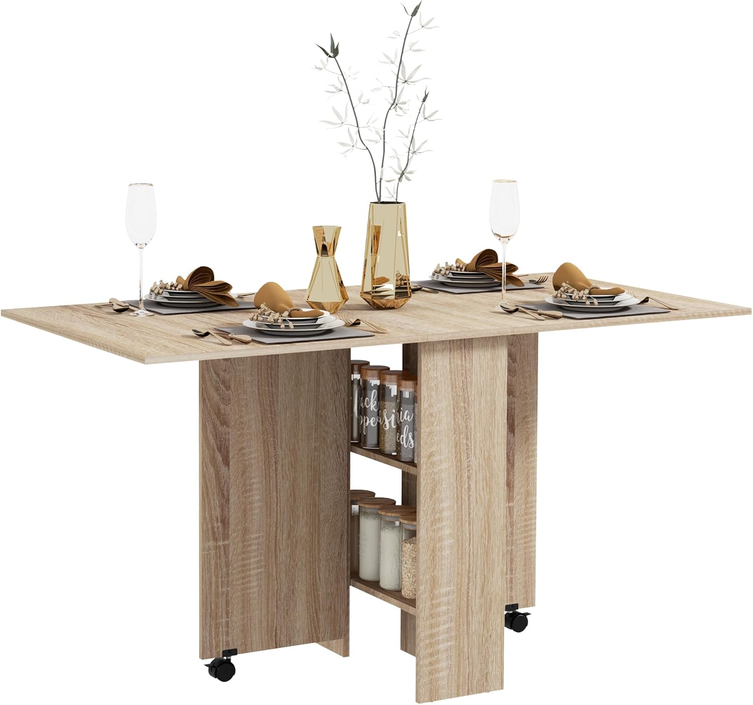 HOMCOM Tavolo da Pranzo Pieghevole, Tavolo Cucina a Ribalta per 6 Persone, Scrivania Richiudibile Salvaspazio con 2 Ripiani Aperti e Ruote a Freno, per Soggiorno, Ufficio, 140x75x74cm, Color Legno