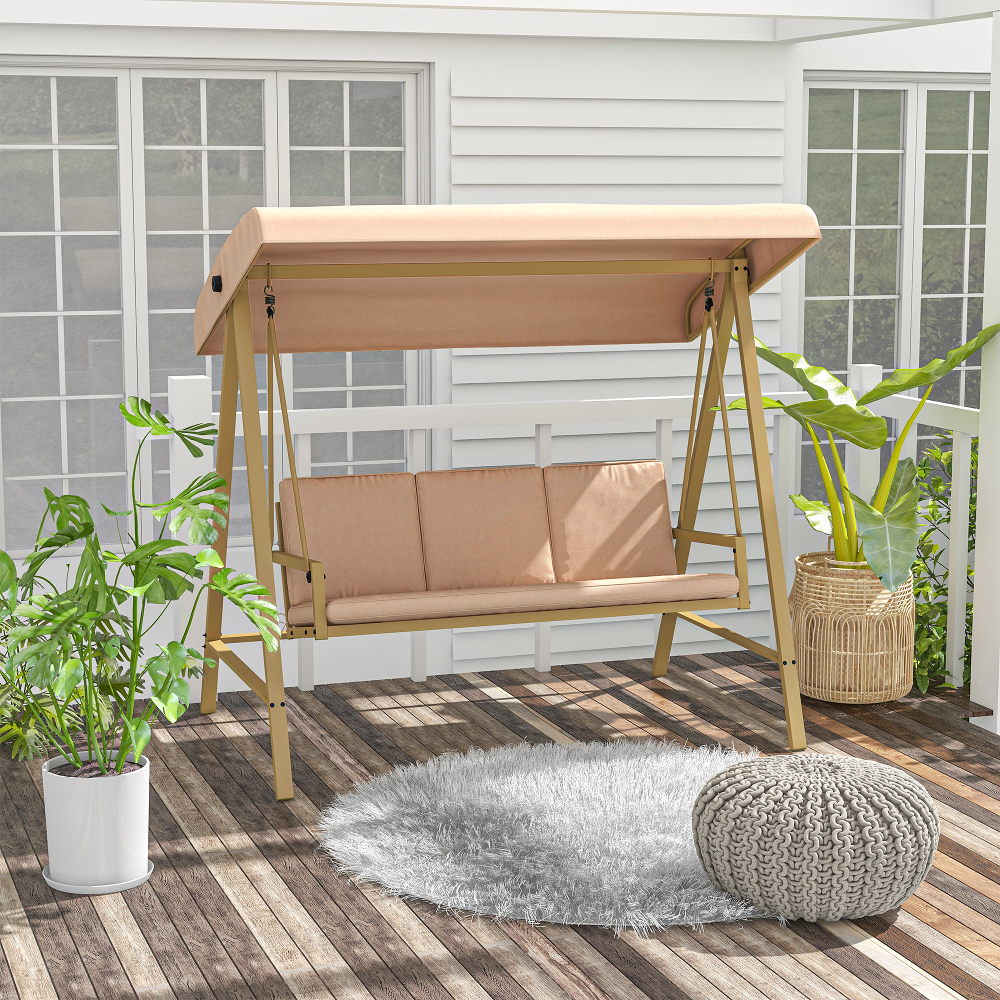 Outsunny Gartenliege für 3 Personen mit verstellbarem Dach, dicken abnehmbaren Polstern aus Polyester, epoxidbeschichteter Stahl in Beige