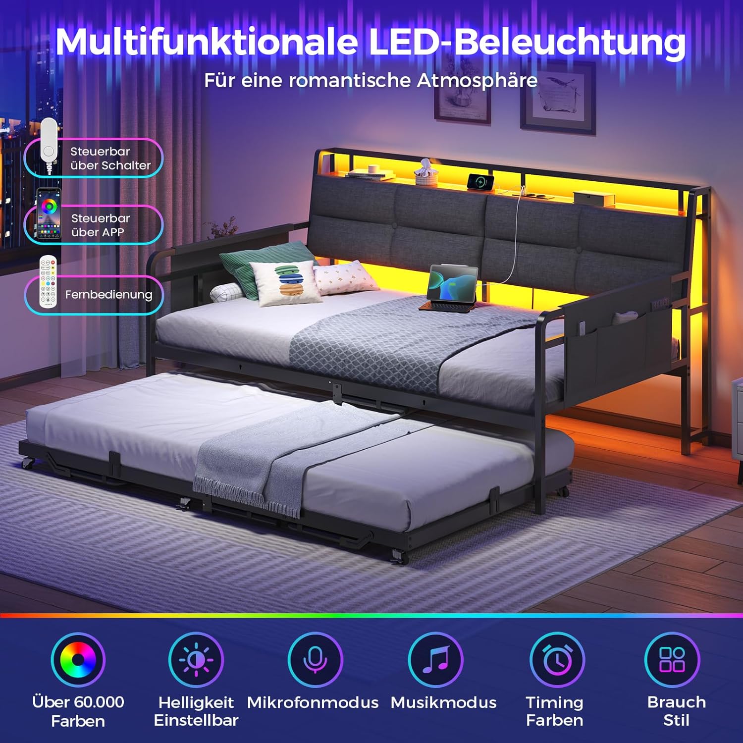 Brinlawb Schlafsofa mit Ausziehbett, Tagesbett 90x200(180x200) cm, Tagesbett Ausziehbar mit LED Beleuchtung und Ladestation (2 AC-Steckdosen, 2 USB-Anschlüsse) Einzelbett und Doppelbett, Gästebett