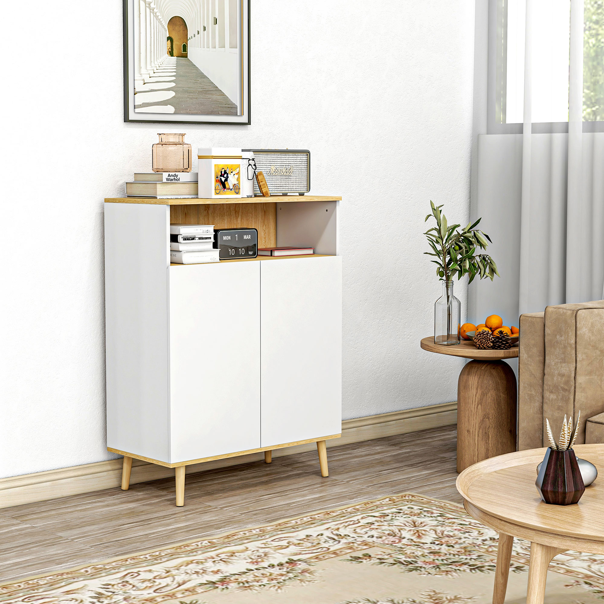 HOMCOM Skandinavisches Aufbewahrungsmöbel, Sideboard auf Beinen, 2-türiger Schrank mit innerem Regal Weiß und Holzoptik