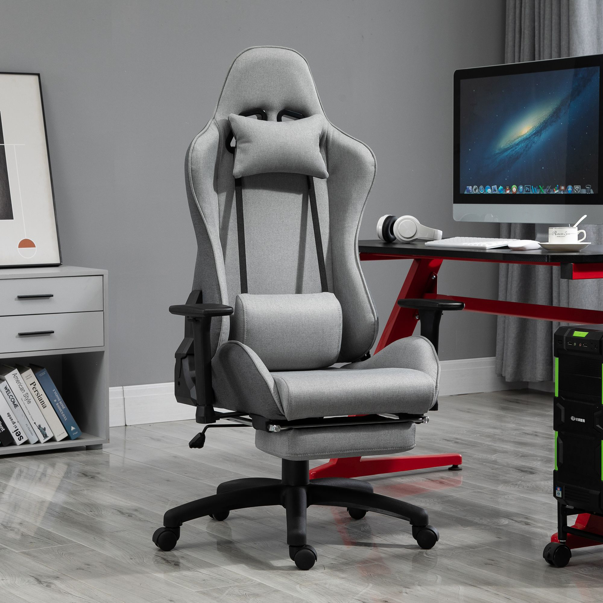 Vinsetto Bürostuhl Computerstuhl Drehstuhl mit abnehmbarem Kopf- und Lendenkissen Wippenfunktion ergonomischer Schreibtischstuhl drehbar höhenverstellbar mit Fußstütze PP Grau 73x57x127-135 cm