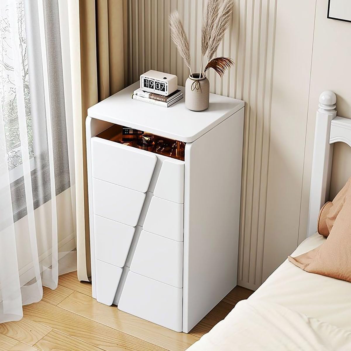 3 in 1 Makeup Desk, Makeup Vanity with Folding Mirror and Brightness Adjustable LED Light, Modern Makeup Desk with 4 Drawers and Padded Stools, White