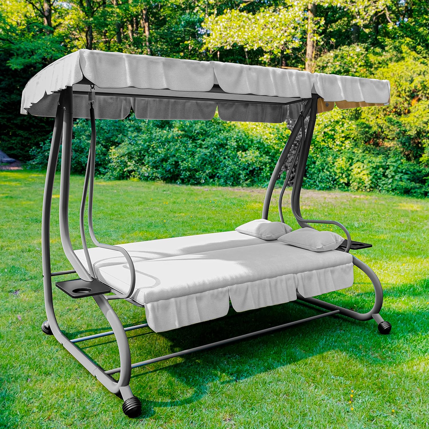 3-Seater Reclining Swing Chair with Padded Cushions Sun Shade Adjustable Canopy Becomes Bed Structure Sturdy Painted Steel Garden Outdoor Balcony Terrace Pool 200 x 120 x 160 cm Grey