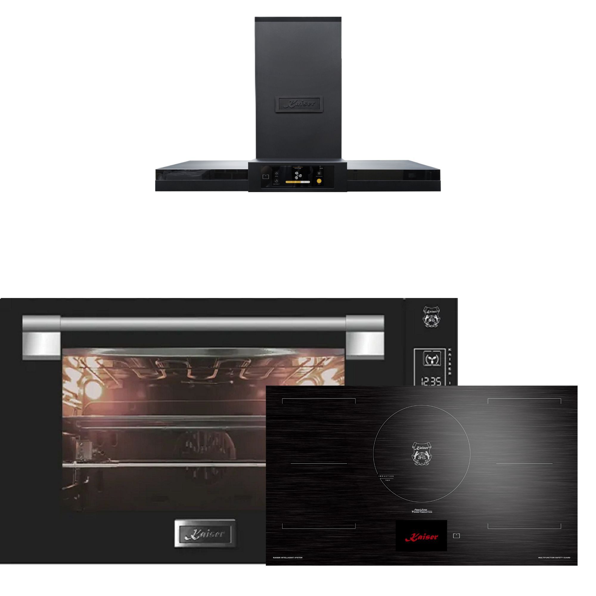 Backofen-Set Herd Set Autark Einbau Backofen 90 cm 105L Schwarzes Glas TouchControl mit Induktionskochfeld 90 cm TFT Display, FREE Zone+Dunstabzugshaube 90 cm TFT Display 1100 m3/h EH 9309+KCT 9140 FI+AT 9342