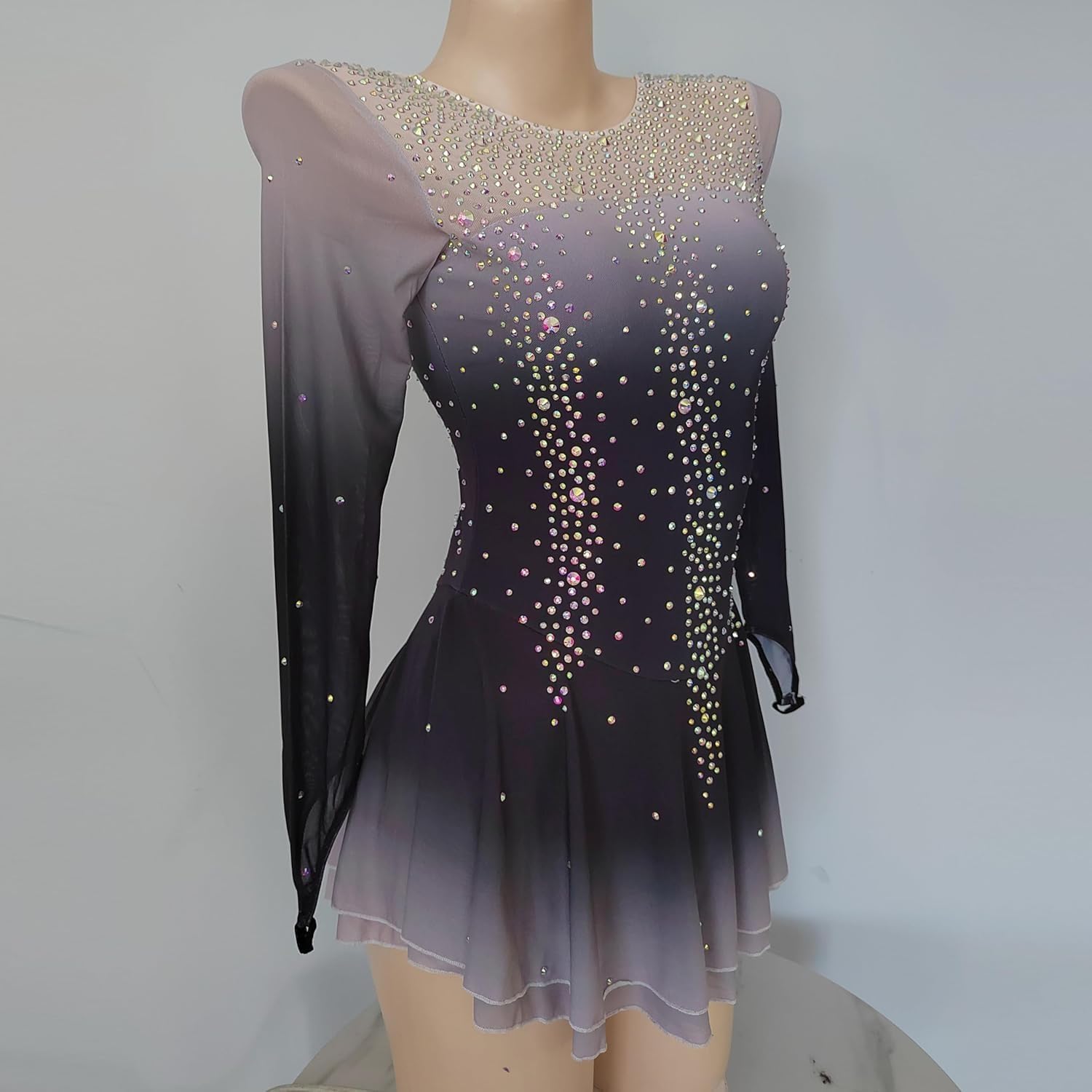 Eiskunstlauf Kleid Mädchen Kürkleid Langarm Mesh Glitzer Tanzkleid Gymnastik Bekleidung Ballettkleid mit Strass Lyrisch Tanzkleid Wettbewerb Tanzkostüm Damen Tanzkleid