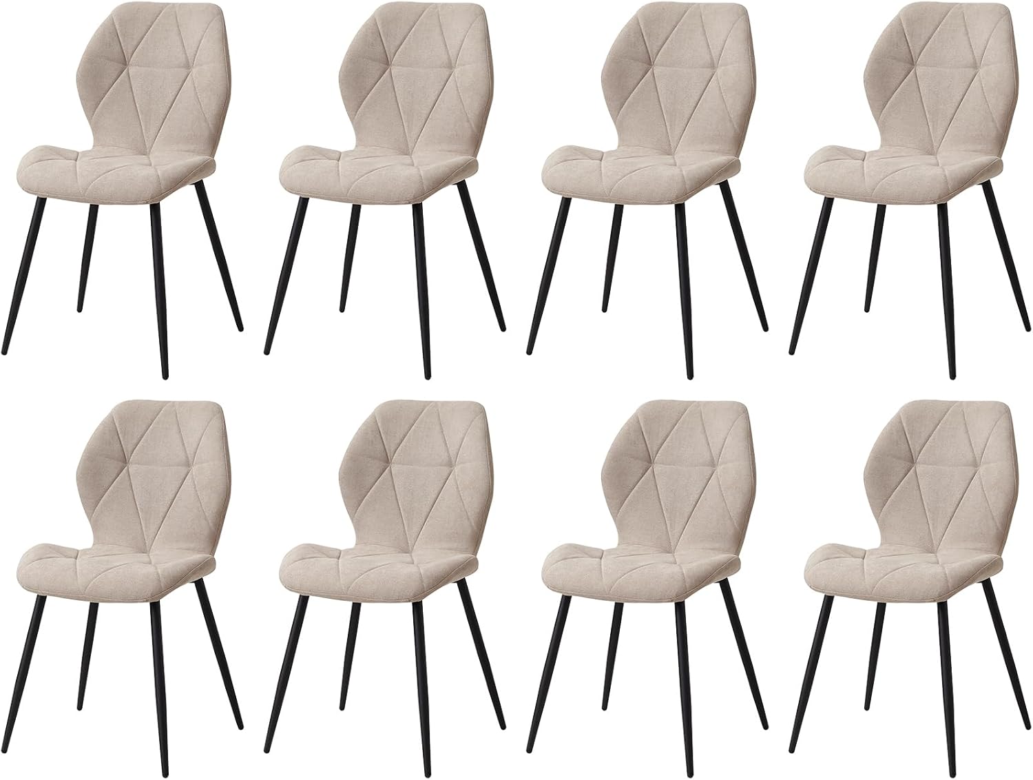 GrandCA HOME Set di 8 Sedie da Pranzo, Sedie da Pranzo Imbottite, Sedie da Cucina Nordiche con Gambe in Metallo, Cuscini in Tessuto a Rombi, Beige-R