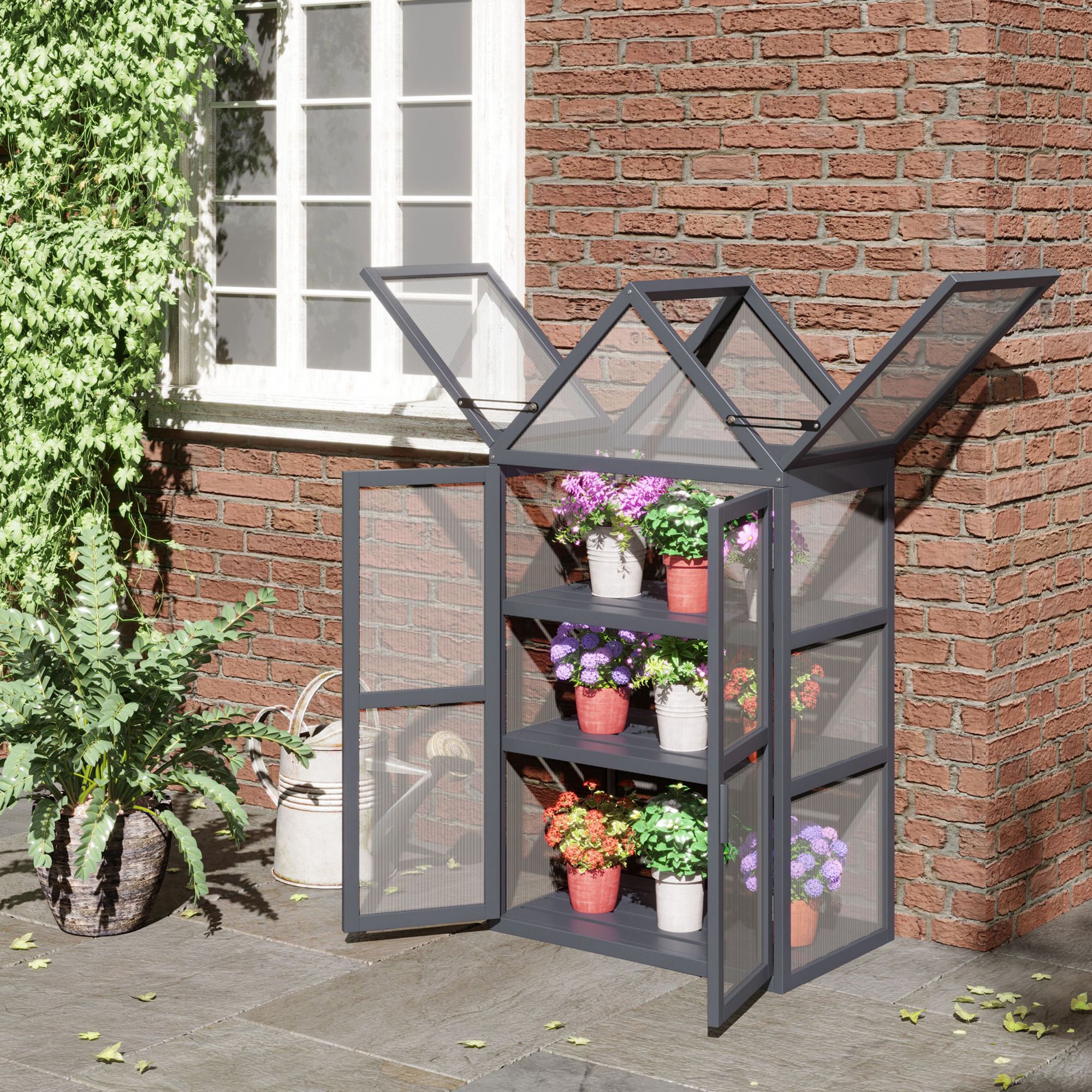Outsunny Frühbeet Mini Gewächshaus 3 Ebenen Treibhaus Pflanzenbeet mit aufklappbarem Dach Doppeltüren aus Holz Polycarbonat wetterfest Natur 70,5 x 42 x 132 cm
