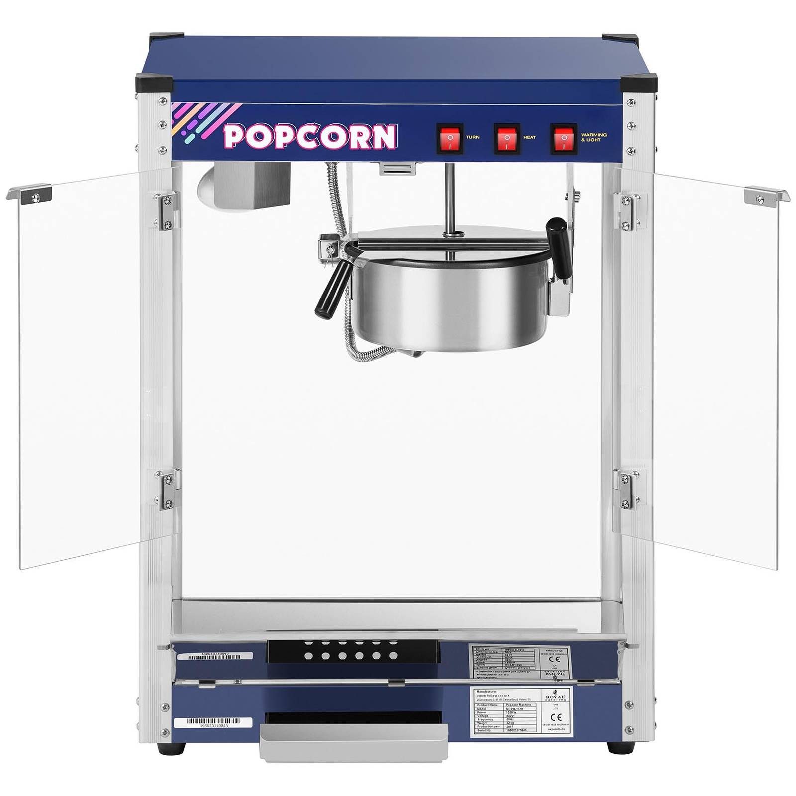 Popcornmaschine Popcornmaker 1350 W 5 kg/h blau Popcornautomat Teflonbeschichtung