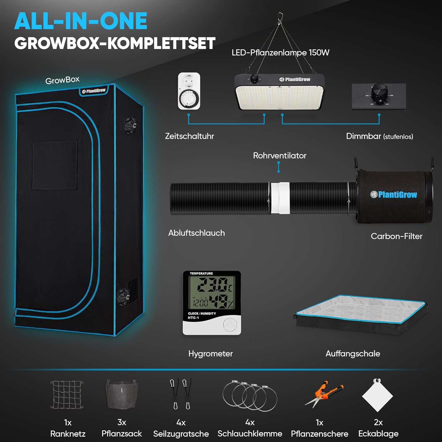 Growzelt Komplettset – Indoor Gewächshaus mit 150W Vollspektrum LED Lampe (Dimmbar), 1680D, Carbon-Filter, Inline-Kanalventilator, Abluftschlauch (80x80x180cm)